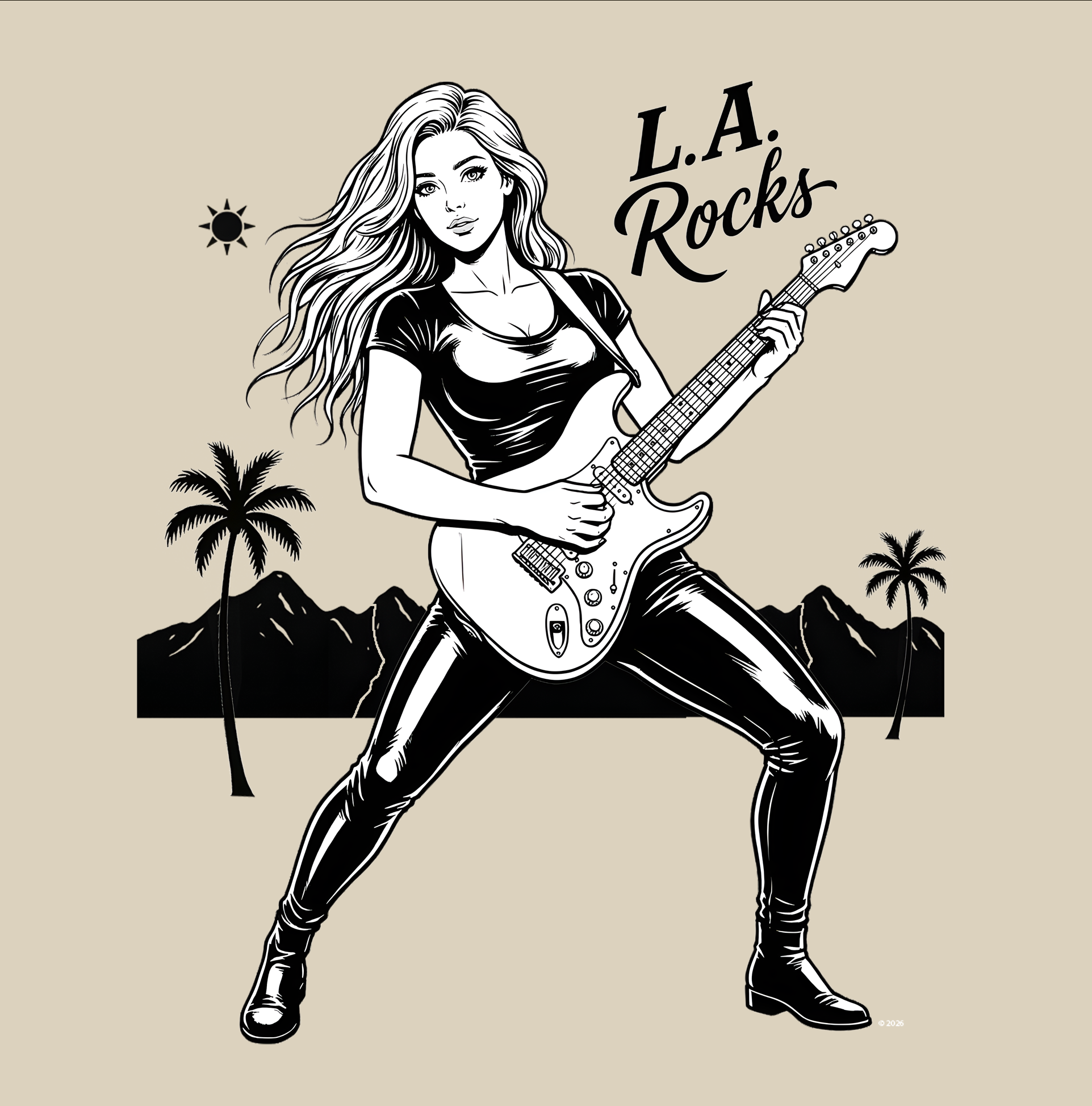 “L.A. Rocks” Vintage Pinup Music T-Shirt — Girls Rock Guitarist Graphic Tee product thumbnail image “L.A. Rocks” Vintage Pinup Music T-Shirt — Girls Rock Guitarist Graphic Tee product thumbnail image