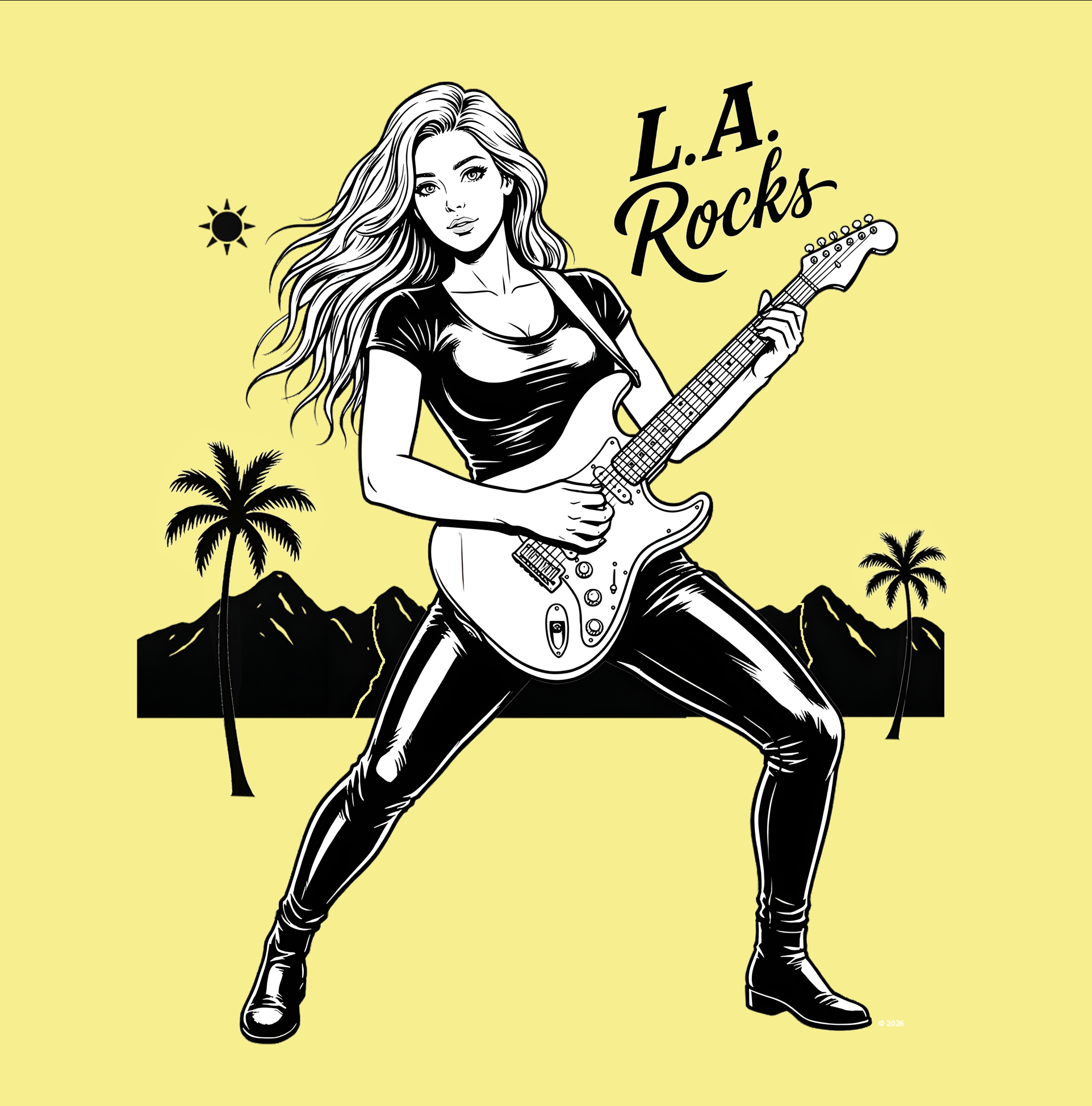 “L.A. Rocks” Vintage Pinup Music T-Shirt  — Girls Rock Guitarist Graphic Tee product thumbnail image