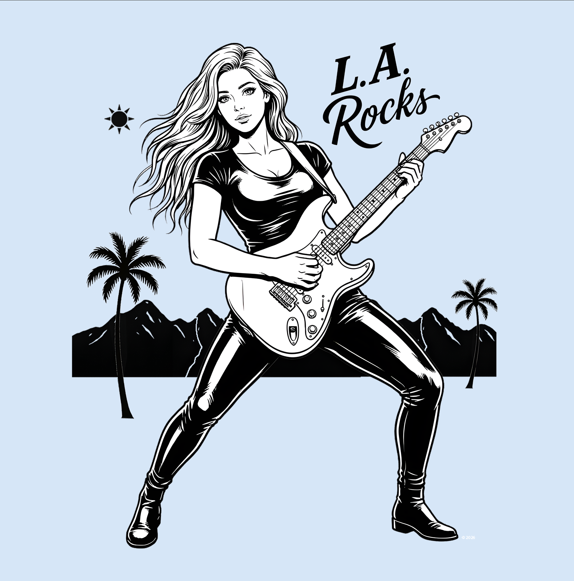 “L.A. Rocks” Vintage Pinup Music T-Shirt  — Girls Rock Guitarist Graphic Tee product thumbnail image