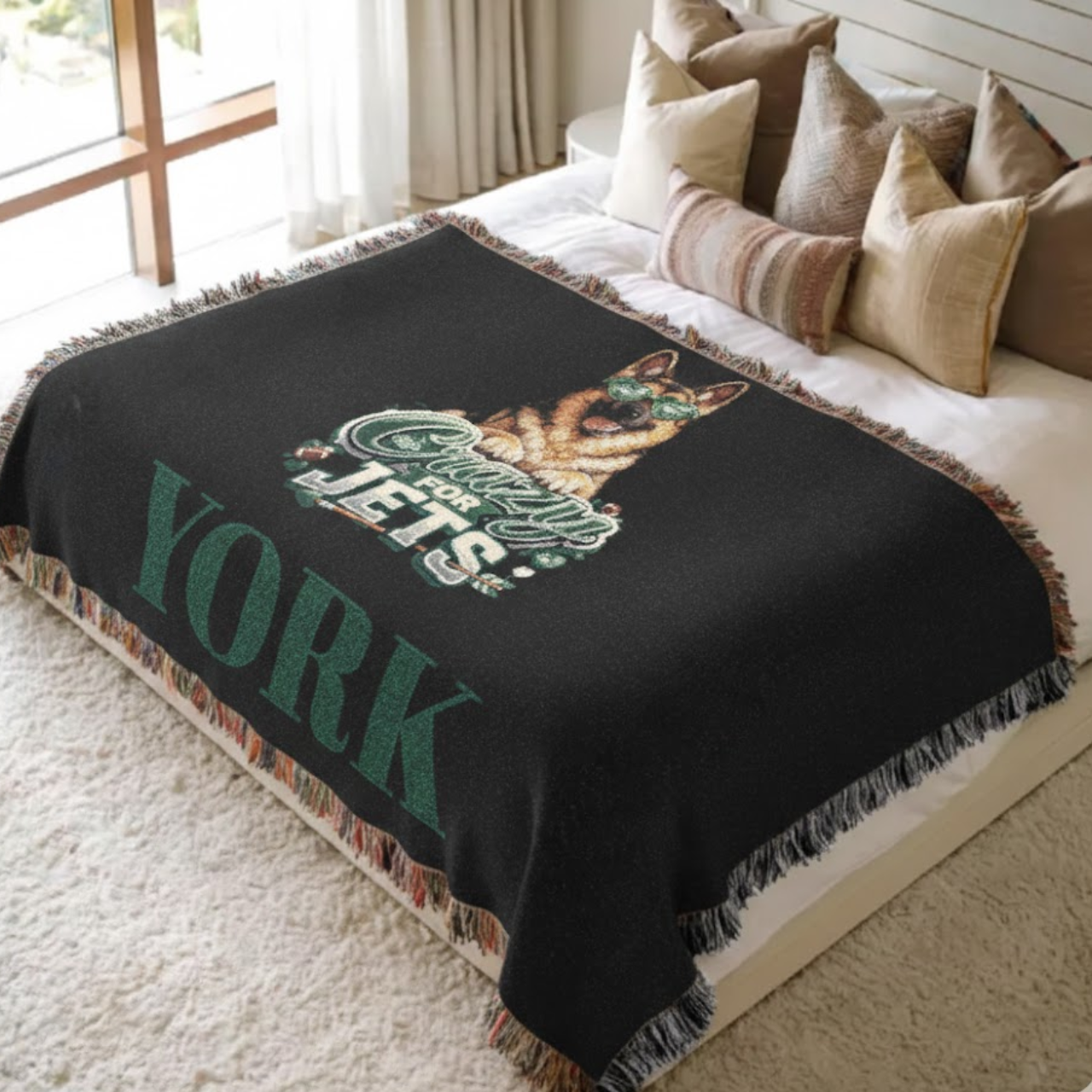 Custom New York Jets German Shepherd Woven Throw Blanket - Personalized "Crazy For Jets" Fringe Tapestry - 100% Cotton Heirloom Gift for Jets Fans