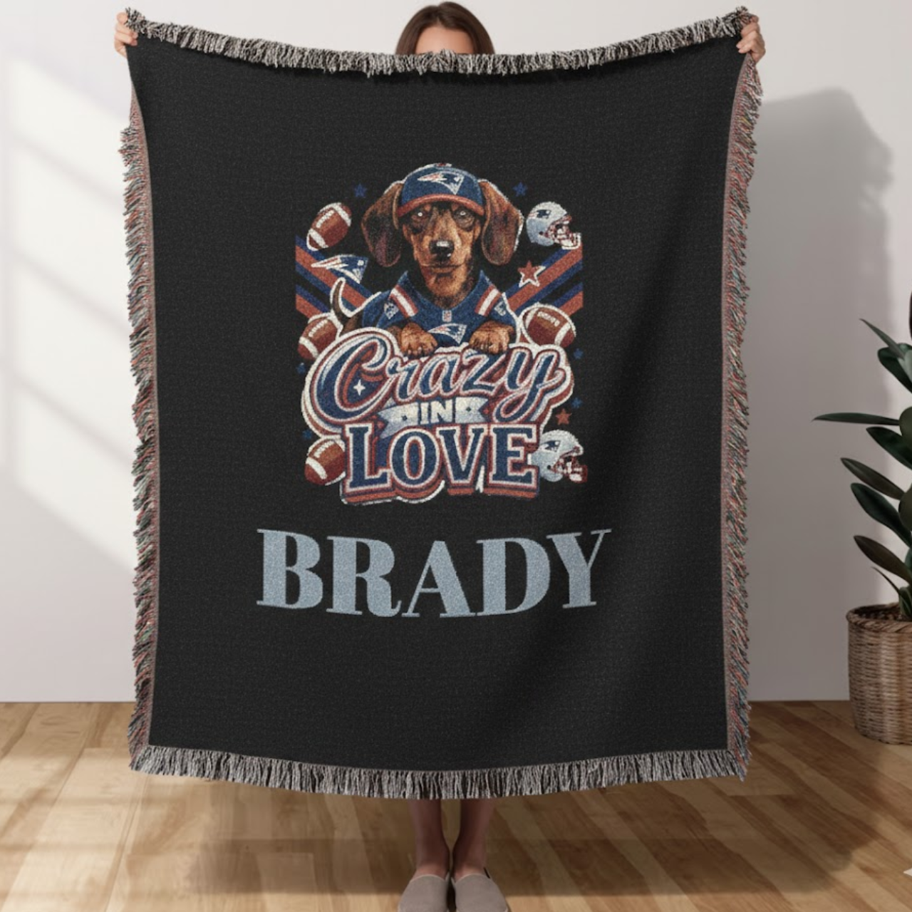 Custom Dachshund New England Football Woven Throw Blanket - Personalized "Crazy in Love" Dog Mom Gift - 60" x 50" Cotton Fringe Tapestry