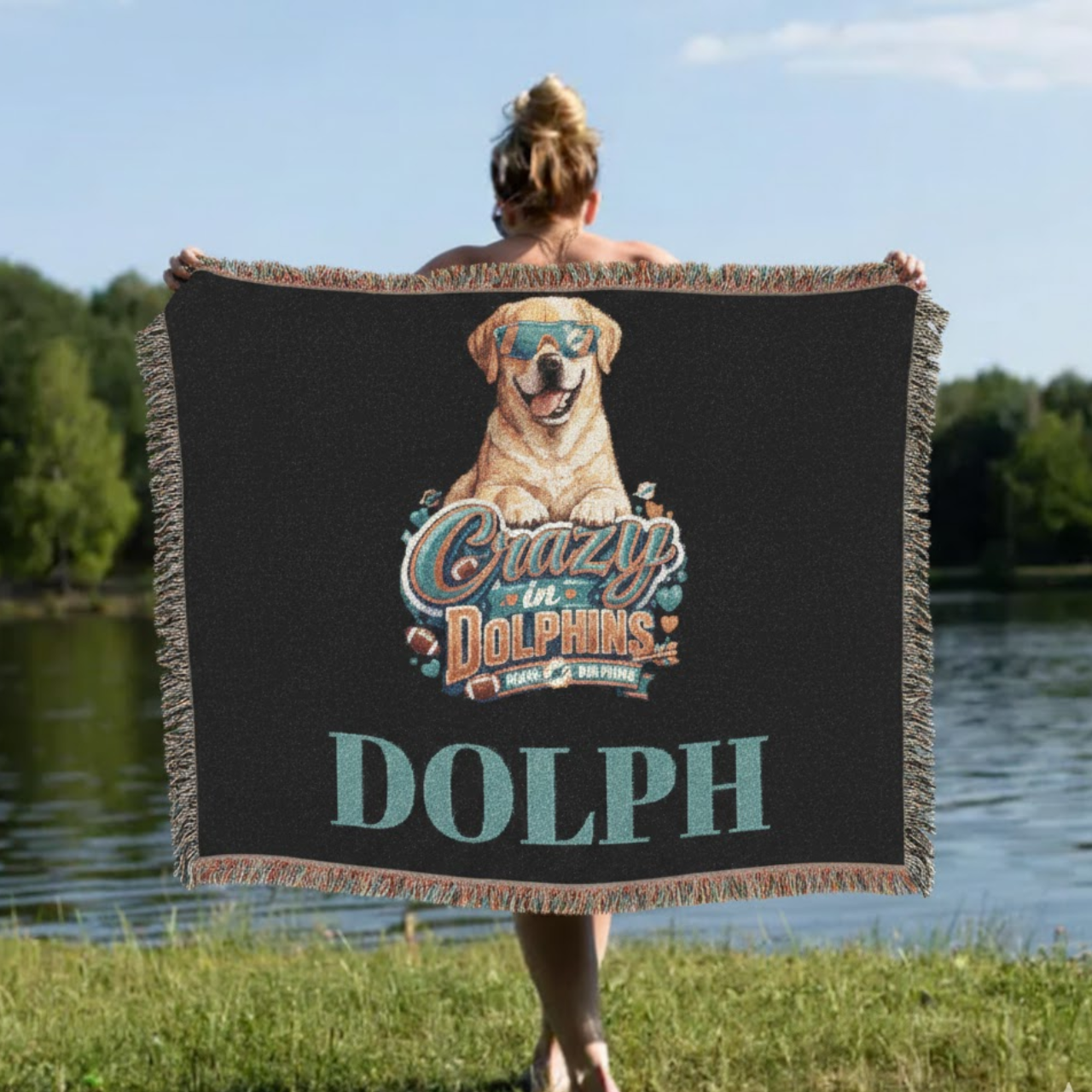 Custom Golden Retriever Miami Dolphins Woven Throw Blanket - Retro Fan Art Fringe Tapestry - Cozy Football Decor Gift product thumbnail image