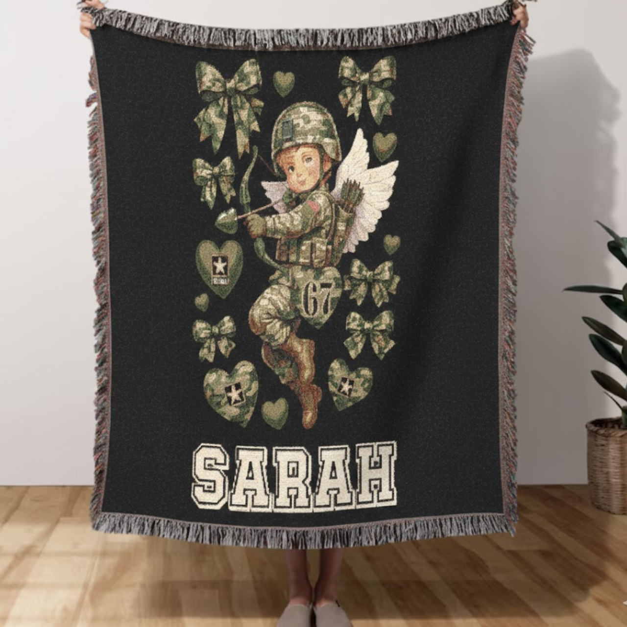 Personalized Army Cupid Woven Blanket – Custom Name Military Camo Tapestry – Meaningful Gift for Army Moms, Wives, and Families product thumbnail image Personalized Army Cupid Woven Blanket – Custom Name Military Camo Tapestry – Meaningful Gift for Army Moms, Wives, and Families product thumbnail image