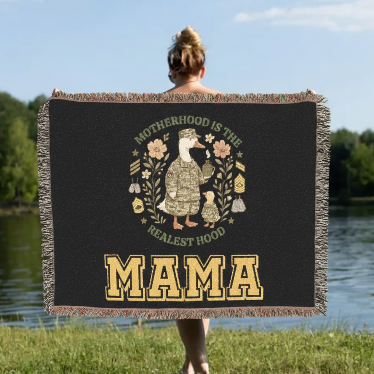 Military Mom Woven Blanket - "Motherhood Is The Realest Hood" Funny Camo Duck Tapestry Throw - Army &amp; Veteran Mama Gift product thumbnail image