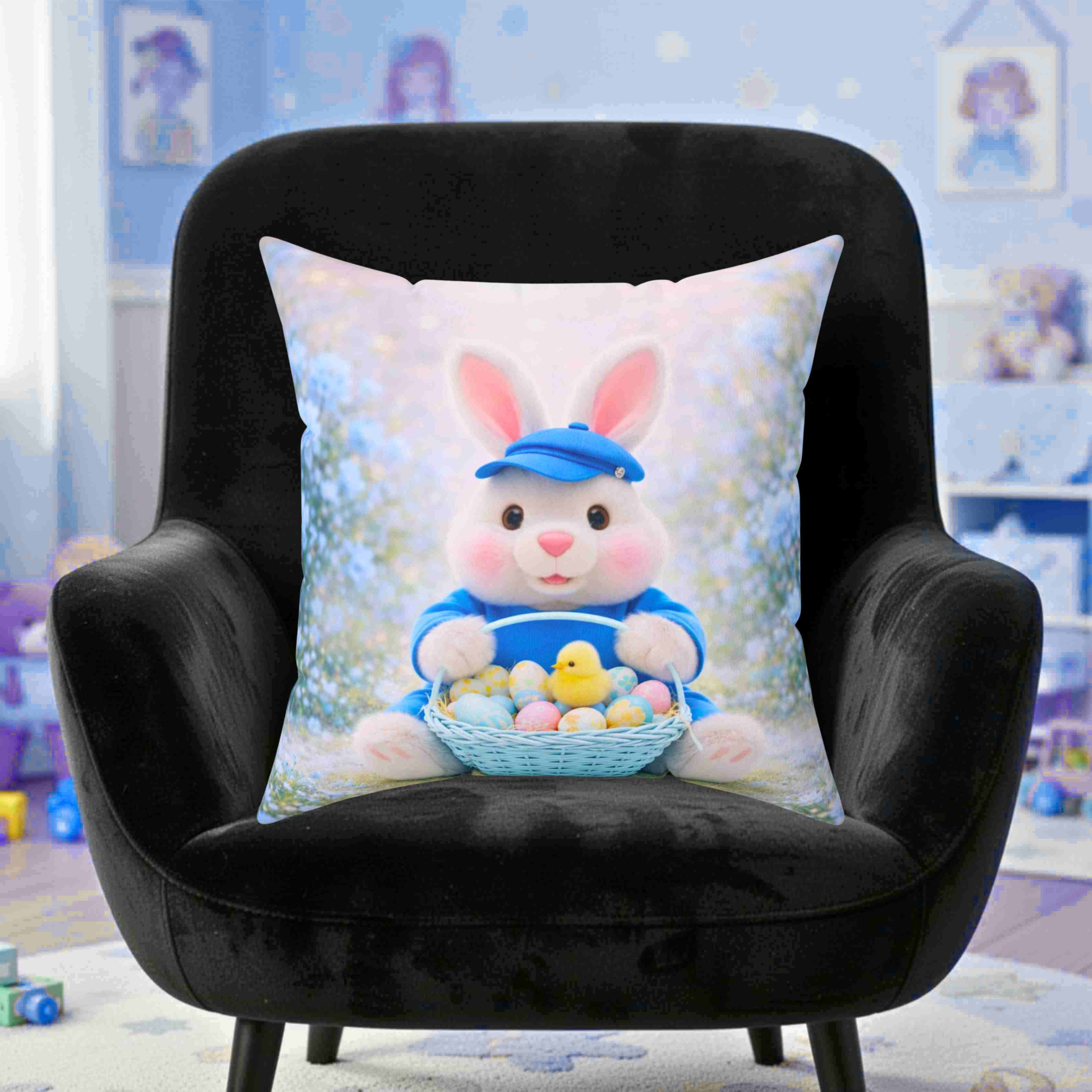Easter Bunny in blue Toss Pillow - Cute Bunny with Easter Eggs Decorative Couch Cushion product thumbnail image Easter Bunny in blue Toss Pillow - Cute Bunny with Easter Eggs Decorative Couch Cushion product thumbnail image
