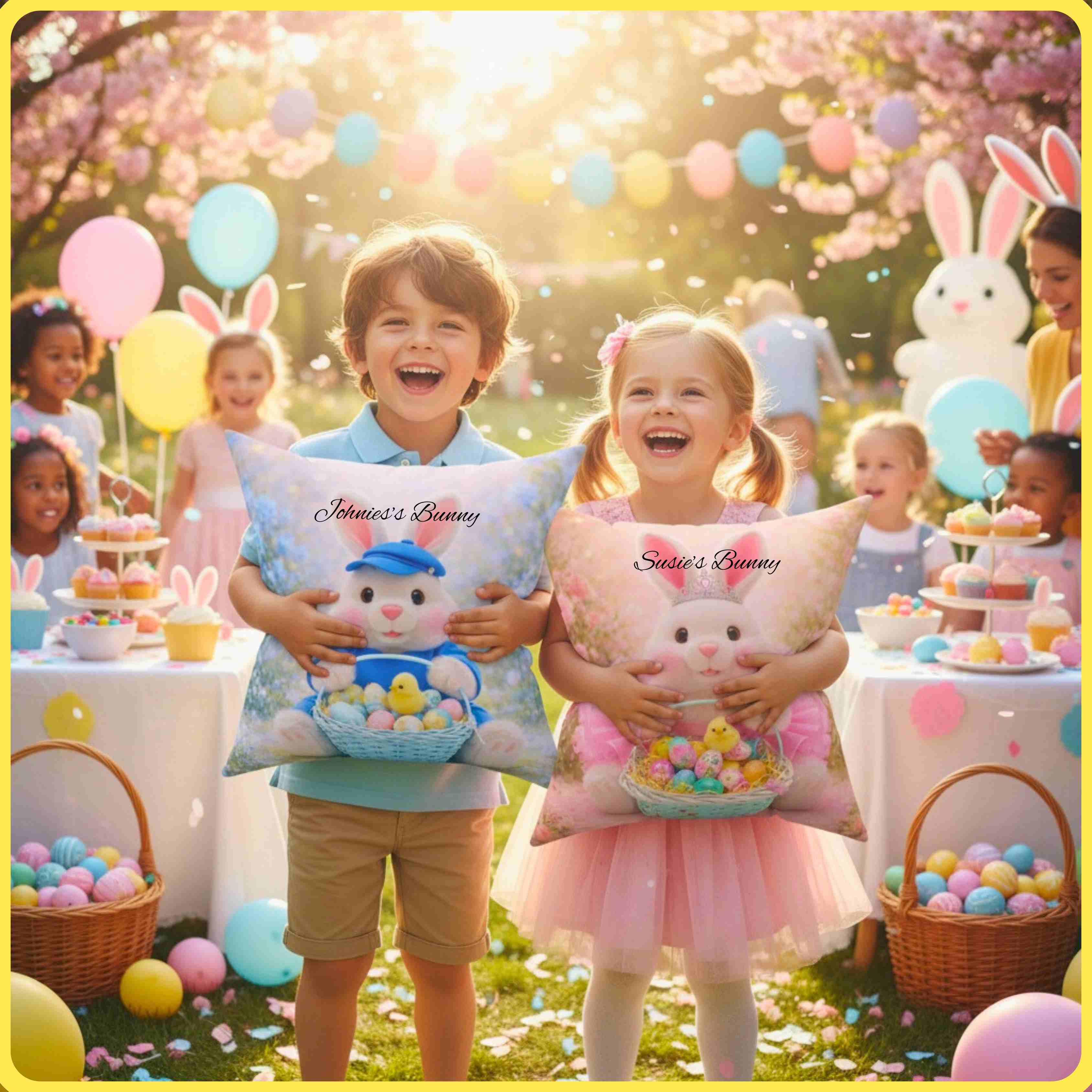 Easter Bunny in blue Toss Pillow - Cute Bunny with Easter Eggs Decorative Couch Cushion product thumbnail image