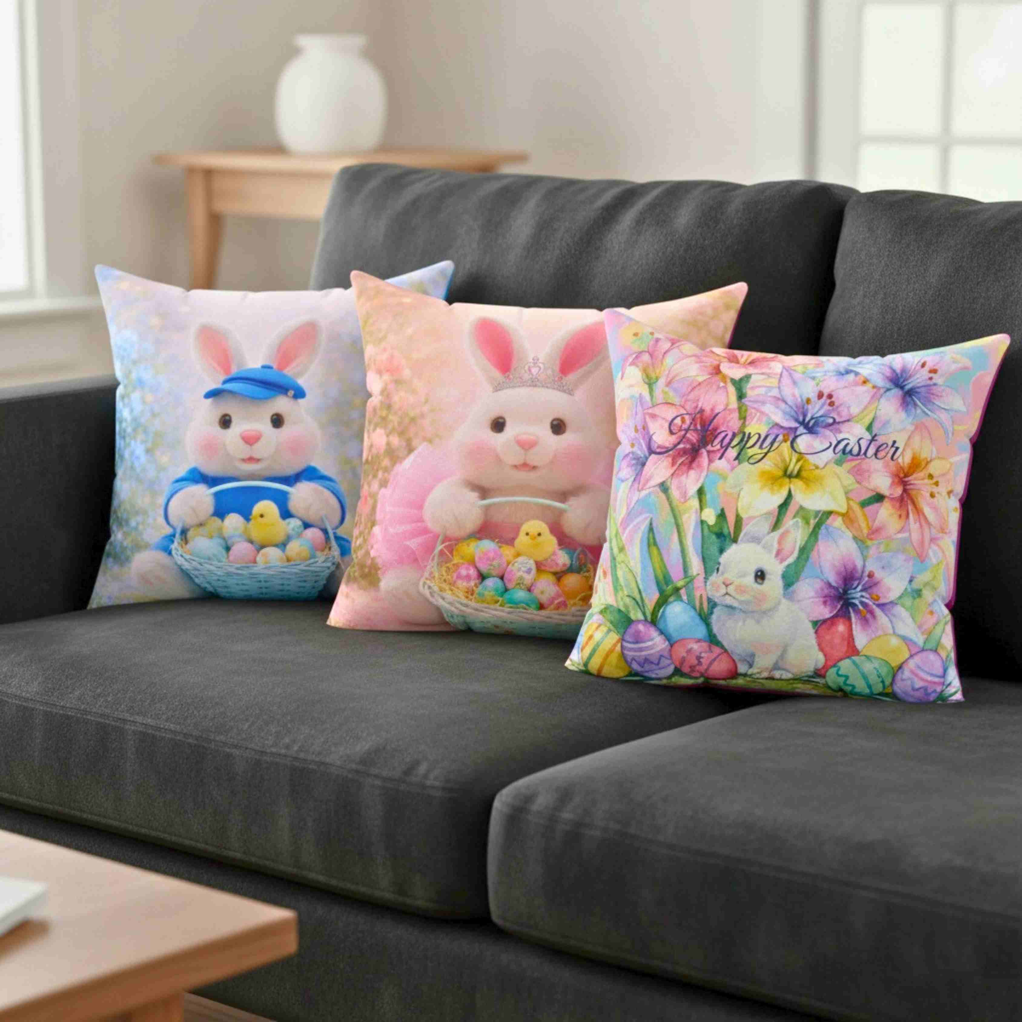 Easter Bunny in blue Toss Pillow - Cute Bunny with Easter Eggs Decorative Couch Cushion product thumbnail image Easter Bunny in blue Toss Pillow - Cute Bunny with Easter Eggs Decorative Couch Cushion product thumbnail image