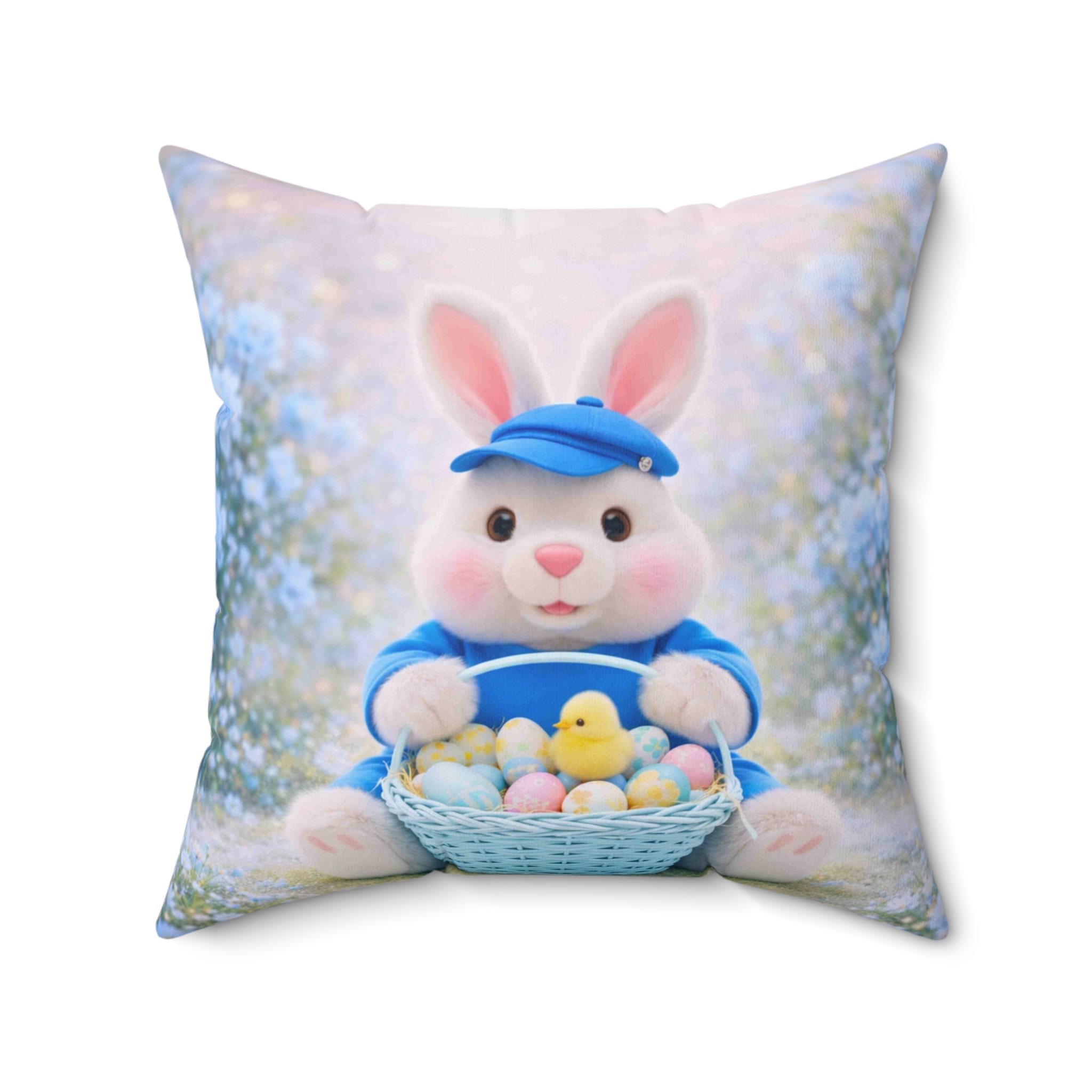 Easter Bunny in blue Toss Pillow - Cute Bunny with Easter Eggs Decorative Couch Cushion product thumbnail image