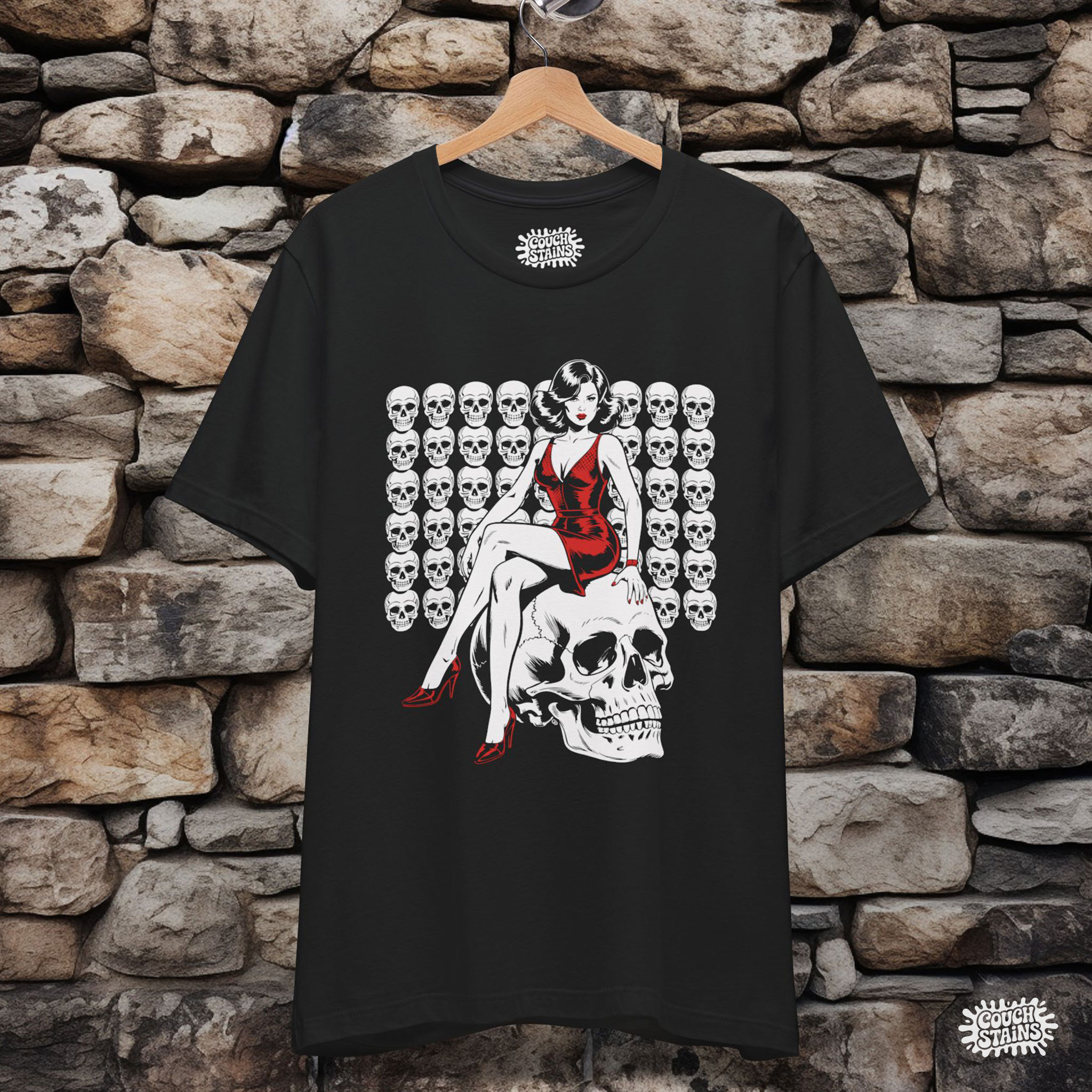 Red Dress Pin-Up on Skull – Gothic Pinup Horror Unisex T-Shirt product thumbnail image Red Dress Pin-Up on Skull – Gothic Pinup Horror Unisex T-Shirt product thumbnail image