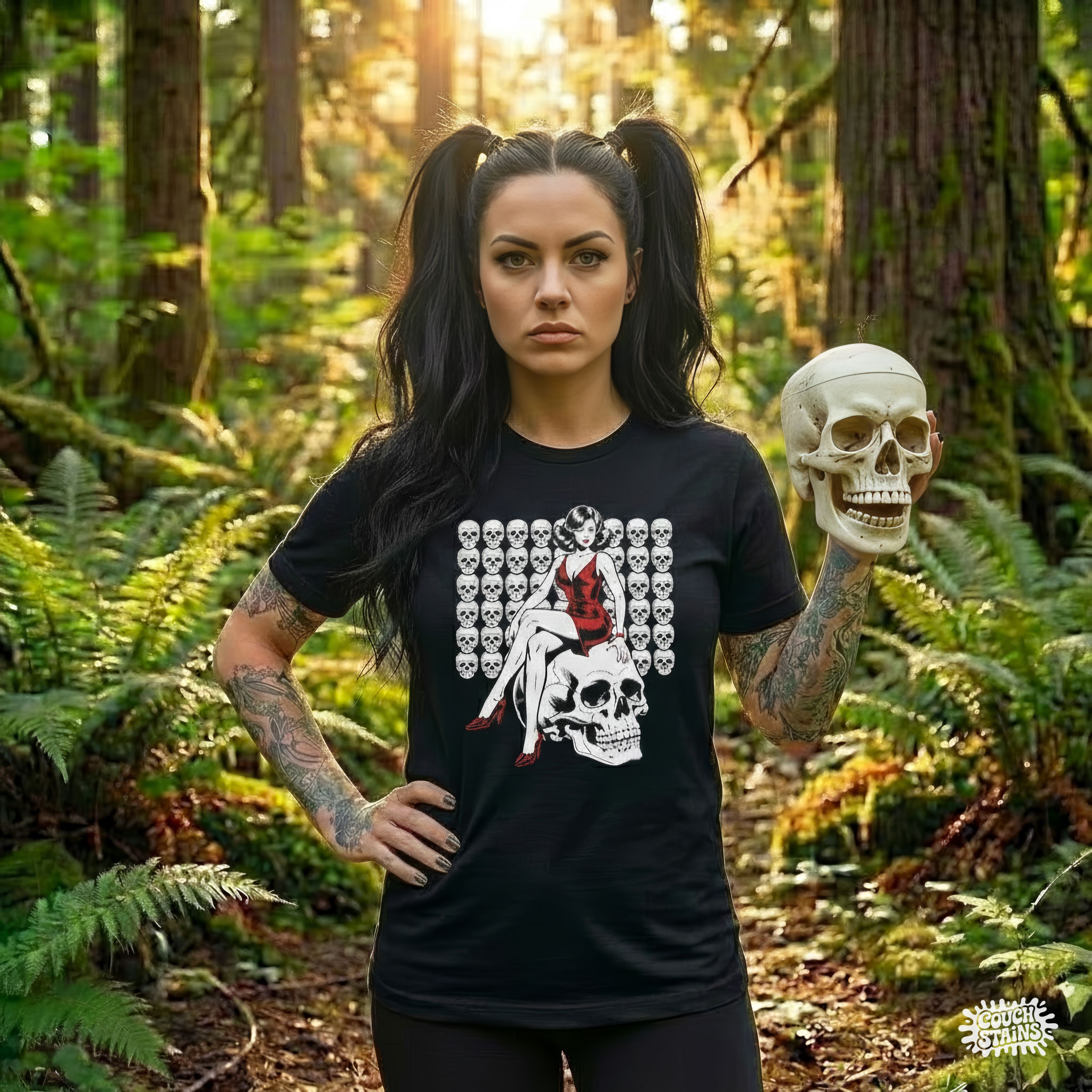 Red Dress Pin-Up on Skull – Gothic Pinup Horror Unisex T-Shirt product thumbnail image Red Dress Pin-Up on Skull – Gothic Pinup Horror Unisex T-Shirt product thumbnail image