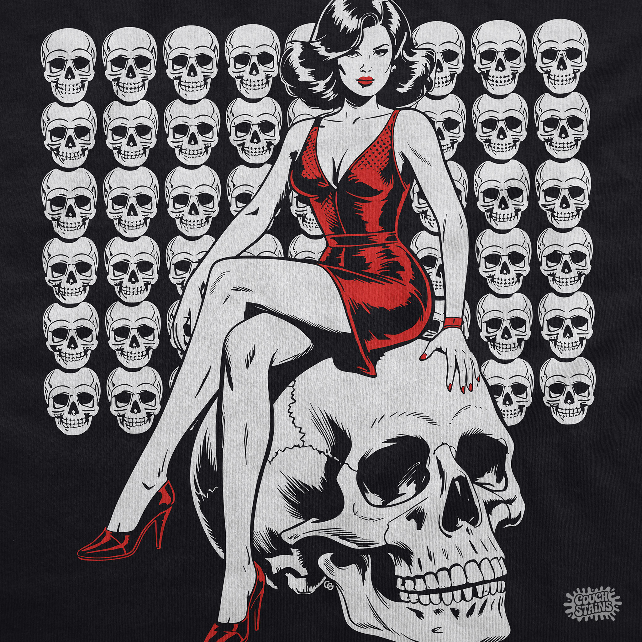 Red Dress Pin-Up on Skull – Gothic Pinup Horror Unisex T-Shirt product thumbnail image