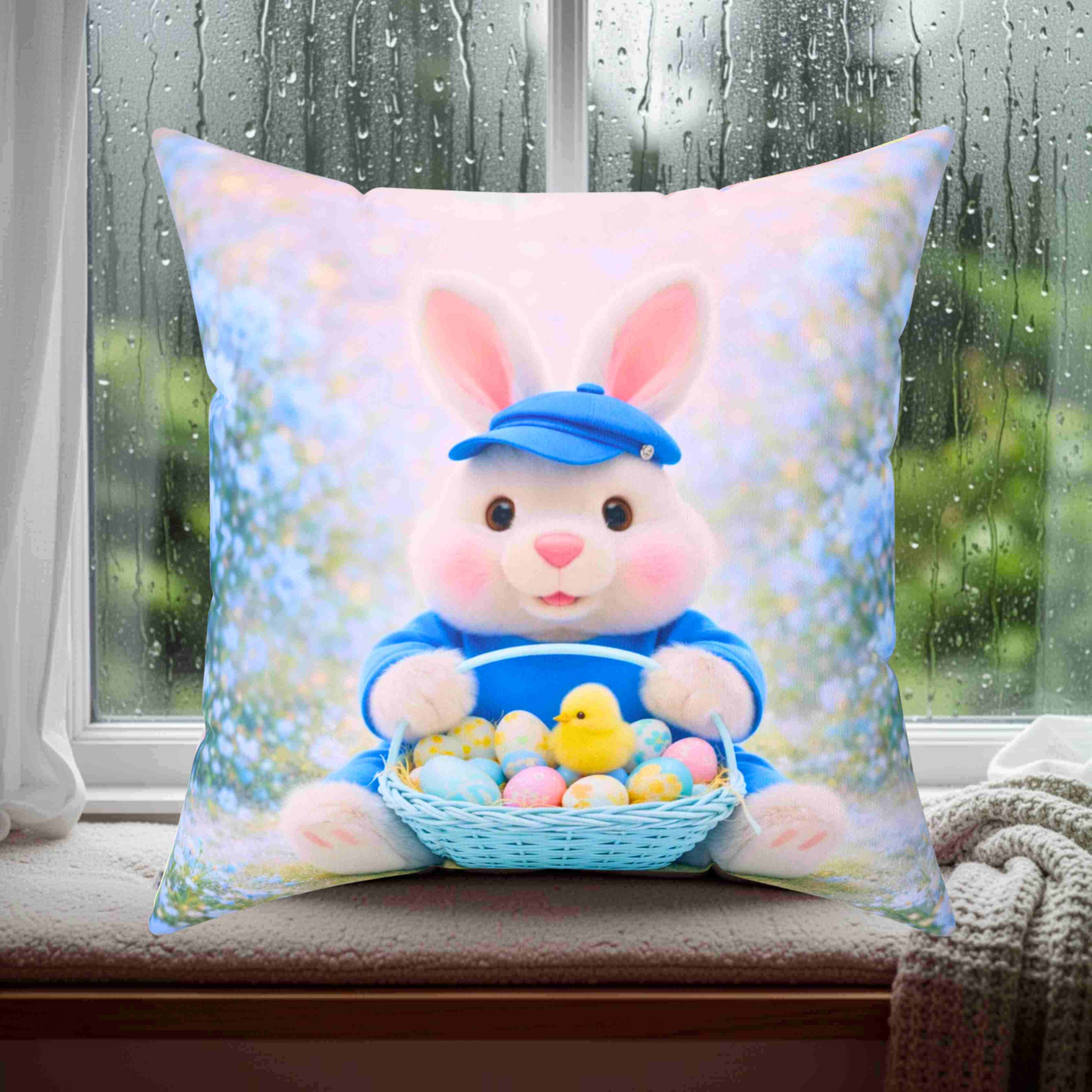 Easter Bunny in blue Toss Pillow - Cute Bunny with Easter Eggs Decorative Couch Cushion product thumbnail image Easter Bunny in blue Toss Pillow - Cute Bunny with Easter Eggs Decorative Couch Cushion product thumbnail image
