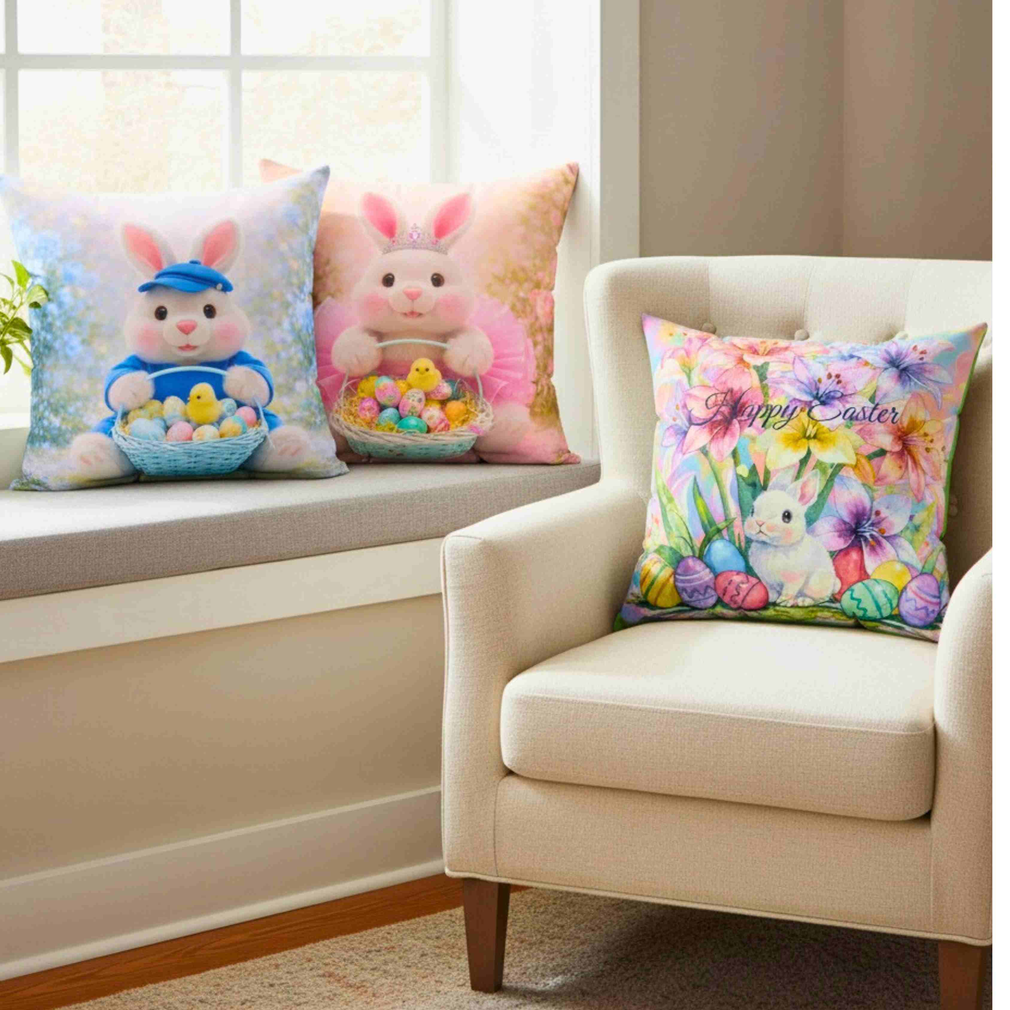 Easter Bunny in blue Toss Pillow - Cute Bunny with Easter Eggs Decorative Couch Cushion product thumbnail image
