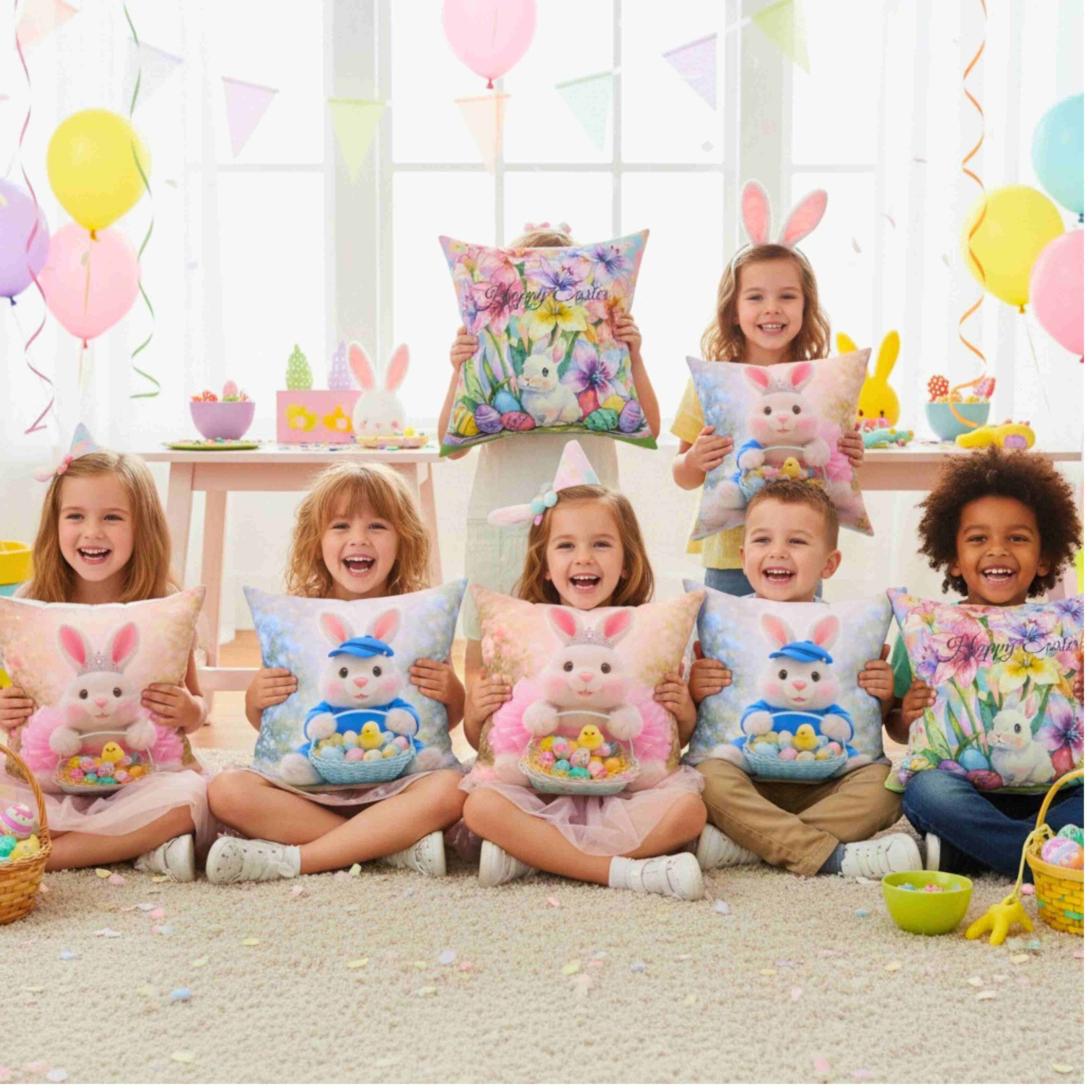 Easter Bunny in blue Toss Pillow - Cute Bunny with Easter Eggs Decorative Couch Cushion product thumbnail image Easter Bunny in blue Toss Pillow - Cute Bunny with Easter Eggs Decorative Couch Cushion product thumbnail image