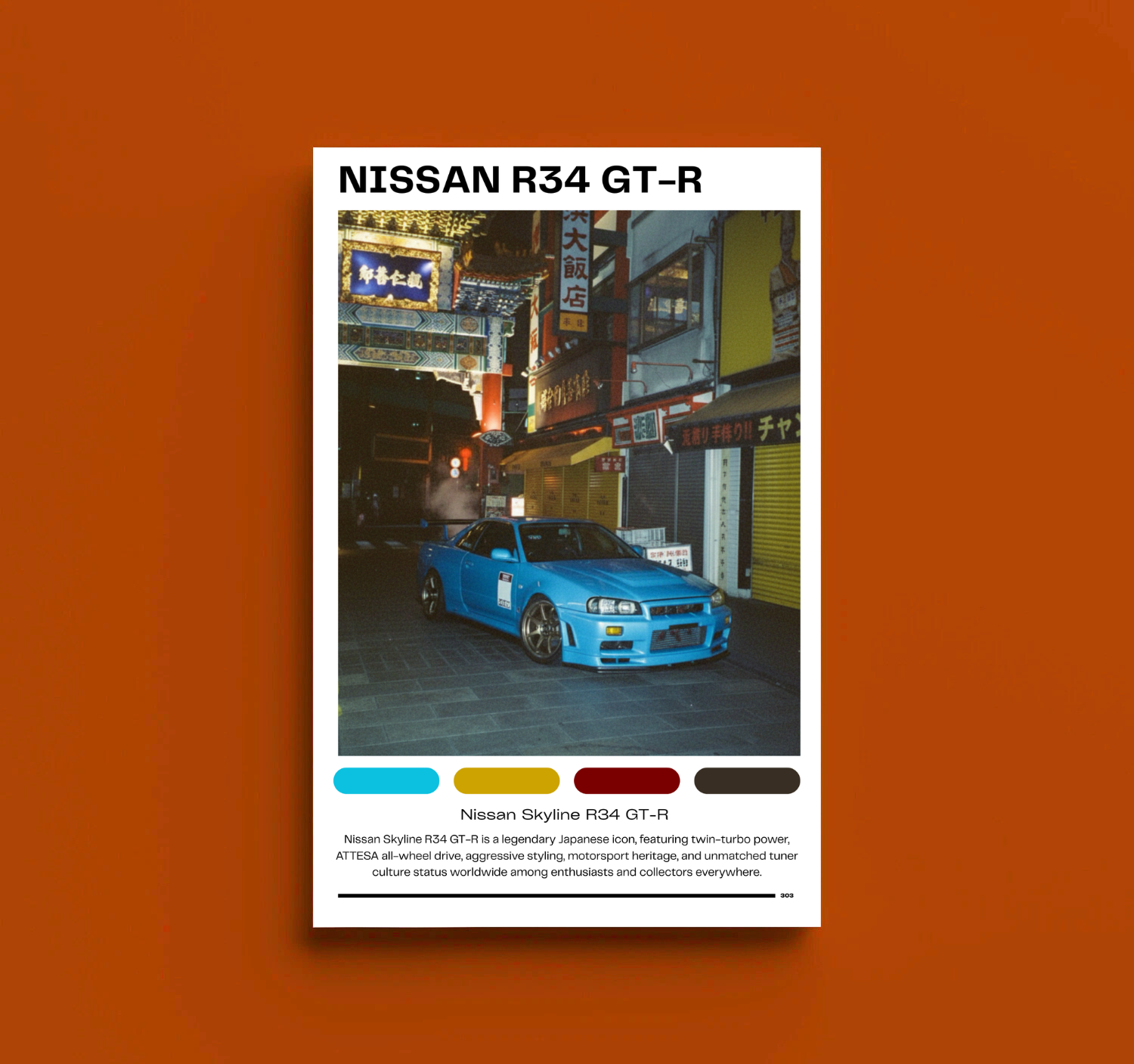 Nissan R34 GT‑R Rolled Poster, Retro JDM Skyline Photography Print