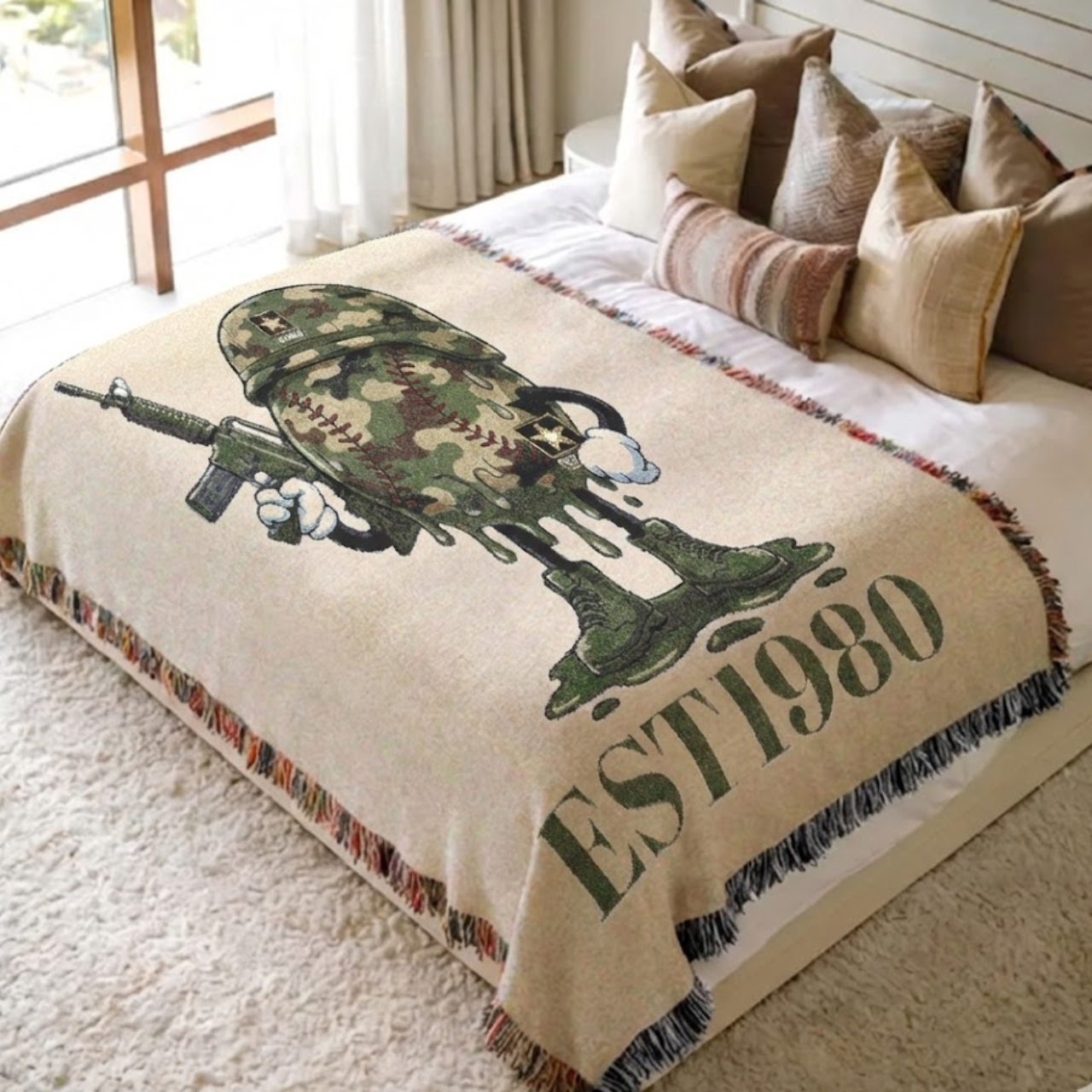 Personalized 1980 Commemorative Army Baseball Blanket – Premium Woven Tapestry with Fringe – Unique Gift for Veterans &amp; Baseball Fans product thumbnail image