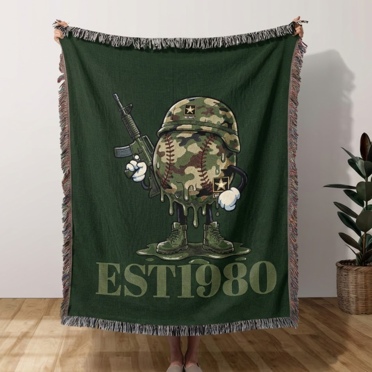 Personalized 1980 Commemorative Army Baseball Blanket – Premium Woven Tapestry with Fringe – Unique Gift for Veterans &amp; Baseball Fans product thumbnail image