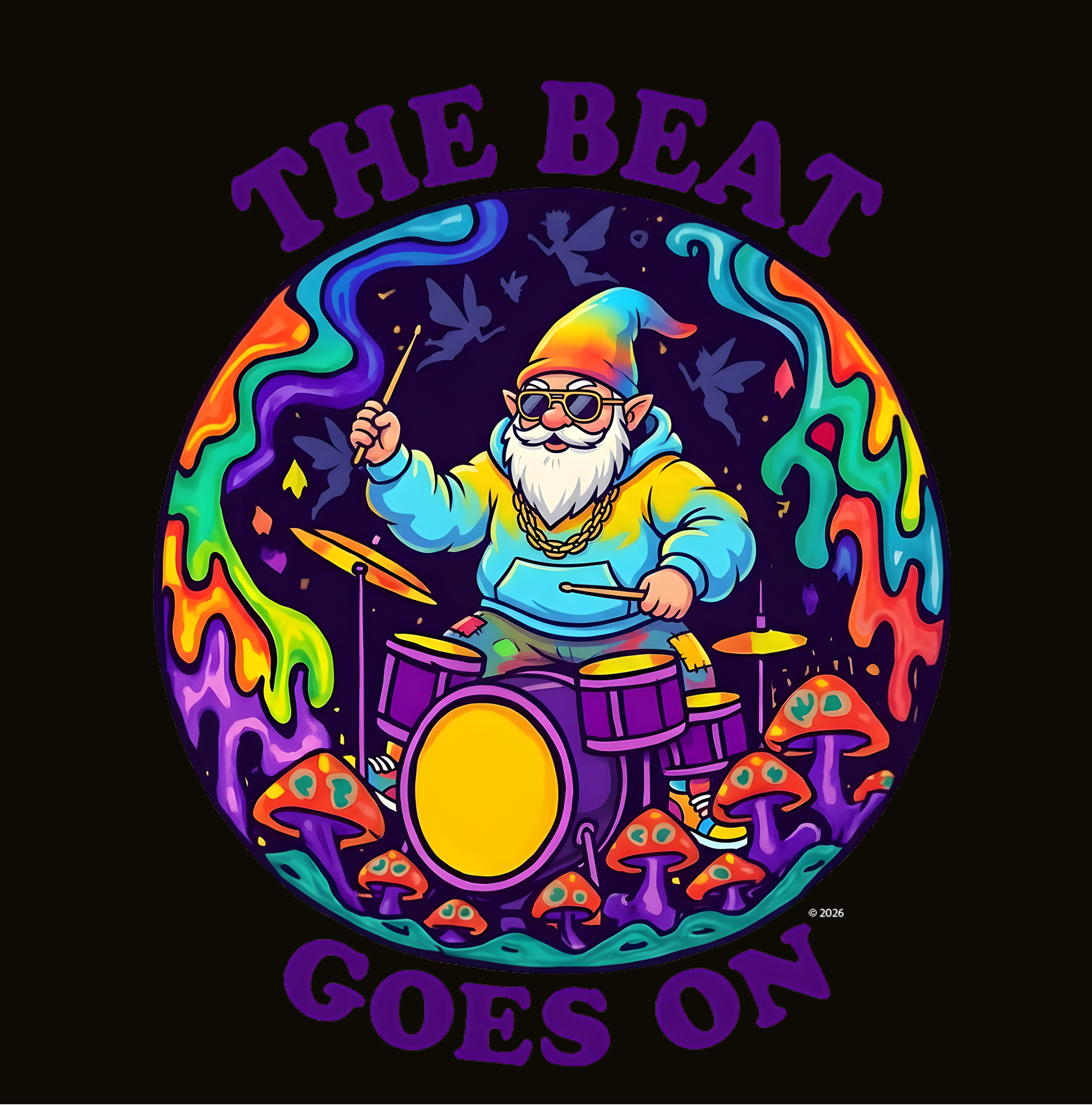 "The Beat Goes On" Retro Psychedelic Drummer Badge — Psychedelic Drummer Vibes T‑Shirt product thumbnail image "The Beat Goes On" Retro Psychedelic Drummer Badge — Psychedelic Drummer Vibes T‑Shirt product thumbnail image