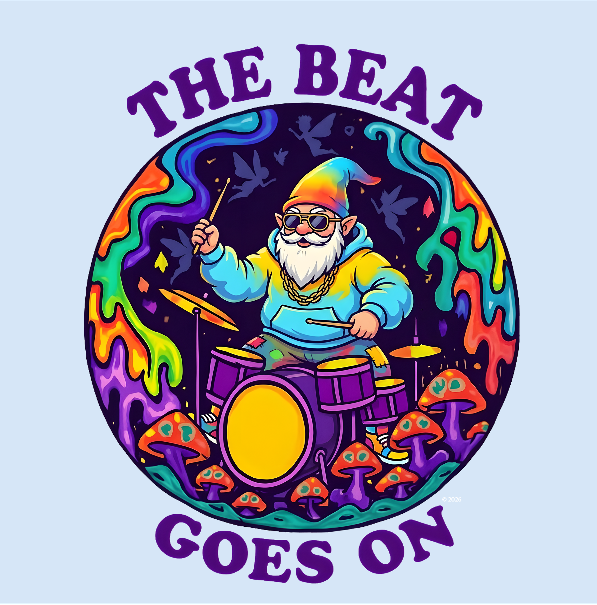  "The Beat Goes On" Retro Psychedelic Drummer Badge — Psychedelic Drummer Vibes T‑Shirt  product thumbnail image