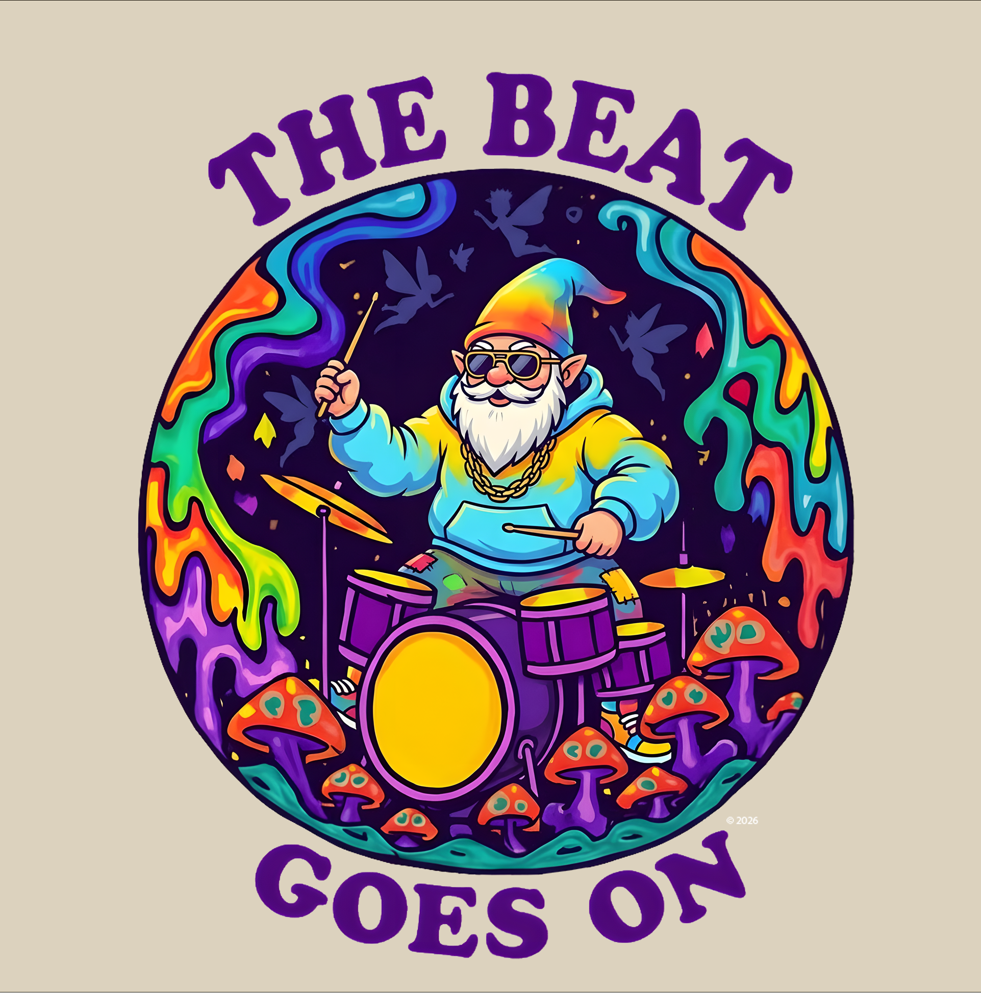 "The Beat Goes On" Retro Psychedelic Drummer Badge — Psychedelic Drummer Vibes T‑Shirt  product thumbnail image