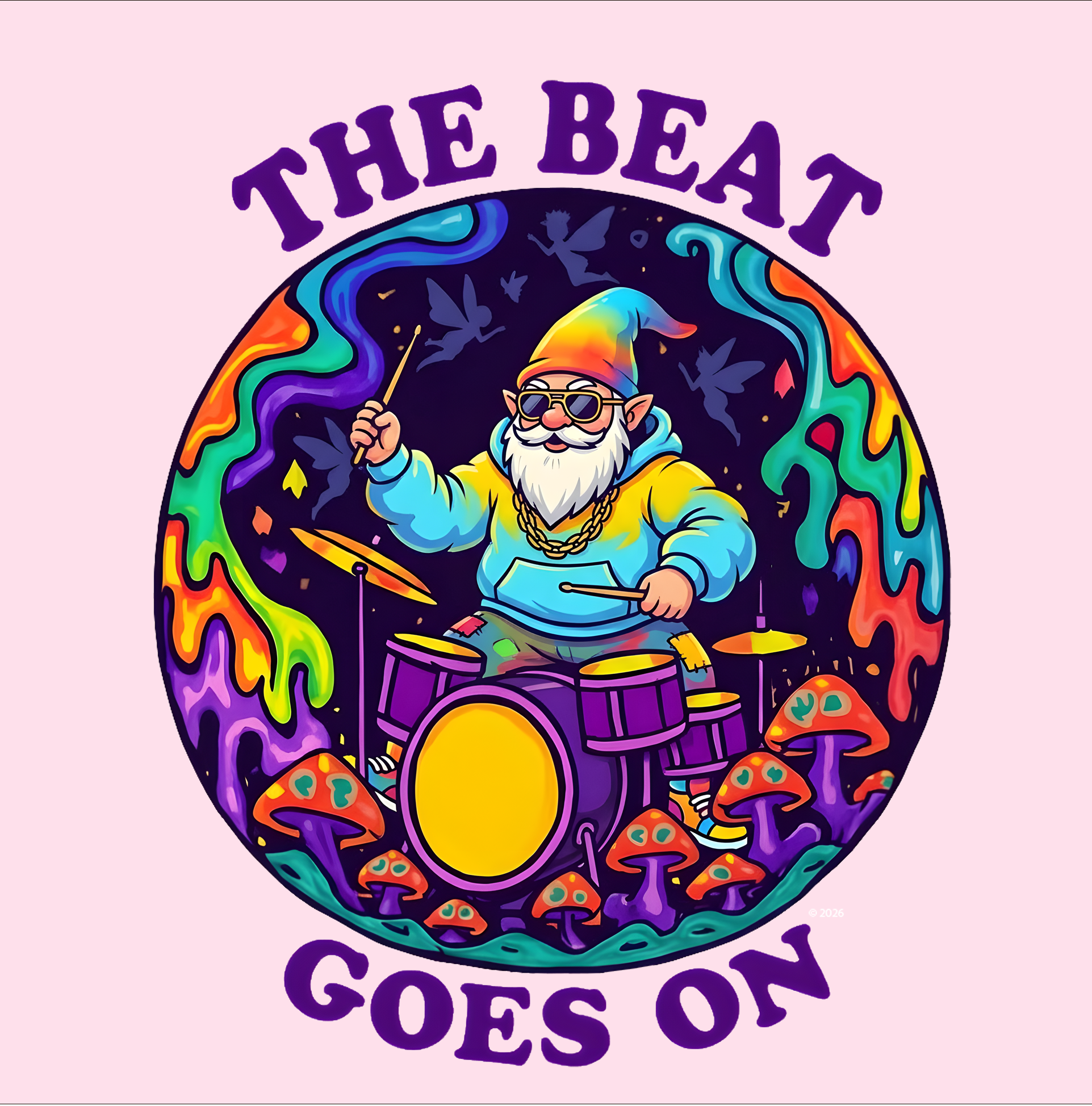 "The Beat Goes On" Retro Psychedelic Drummer Badge — Psychedelic Drummer Vibes T‑Shirt product thumbnail image "The Beat Goes On" Retro Psychedelic Drummer Badge — Psychedelic Drummer Vibes T‑Shirt product thumbnail image
