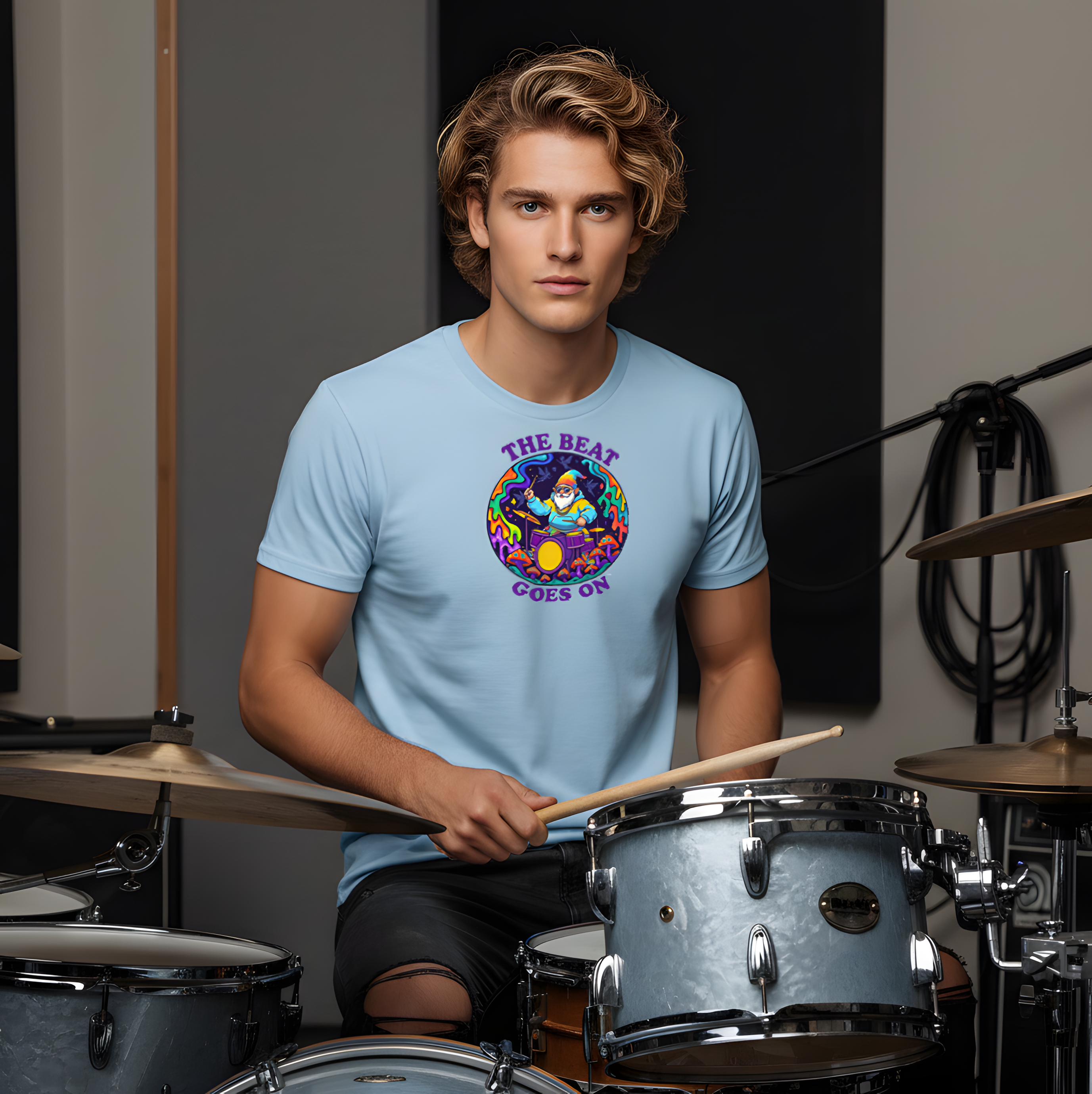  "The Beat Goes On" Retro Psychedelic Drummer Badge — Psychedelic Drummer Vibes T‑Shirt  product thumbnail image