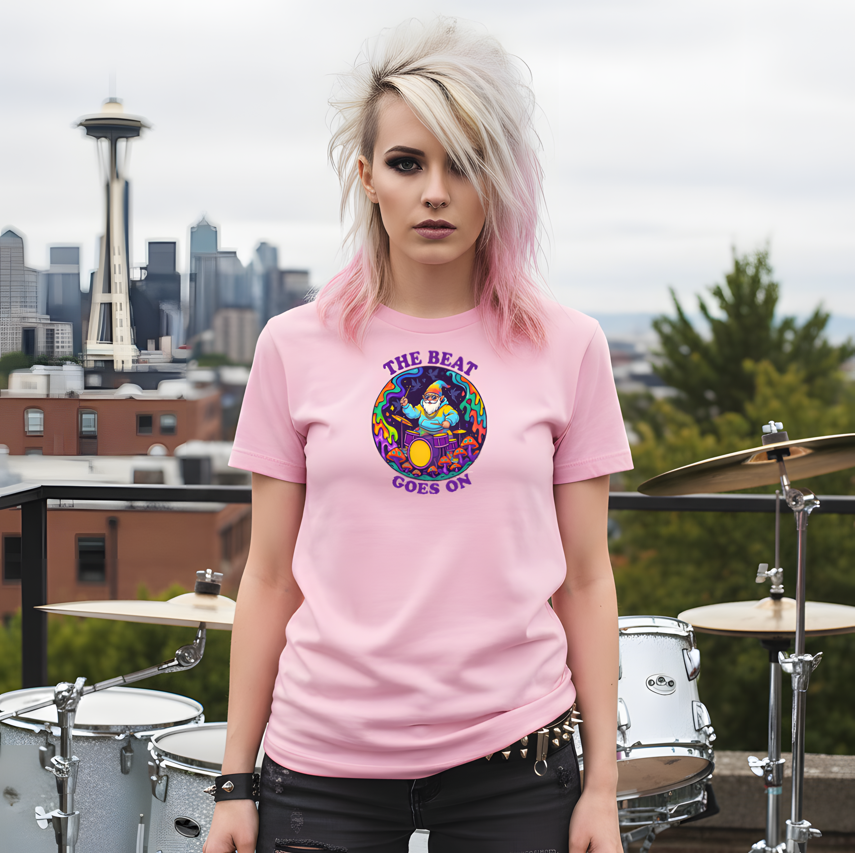  "The Beat Goes On" Retro Psychedelic Drummer Badge — Psychedelic Drummer Vibes T‑Shirt  product thumbnail image