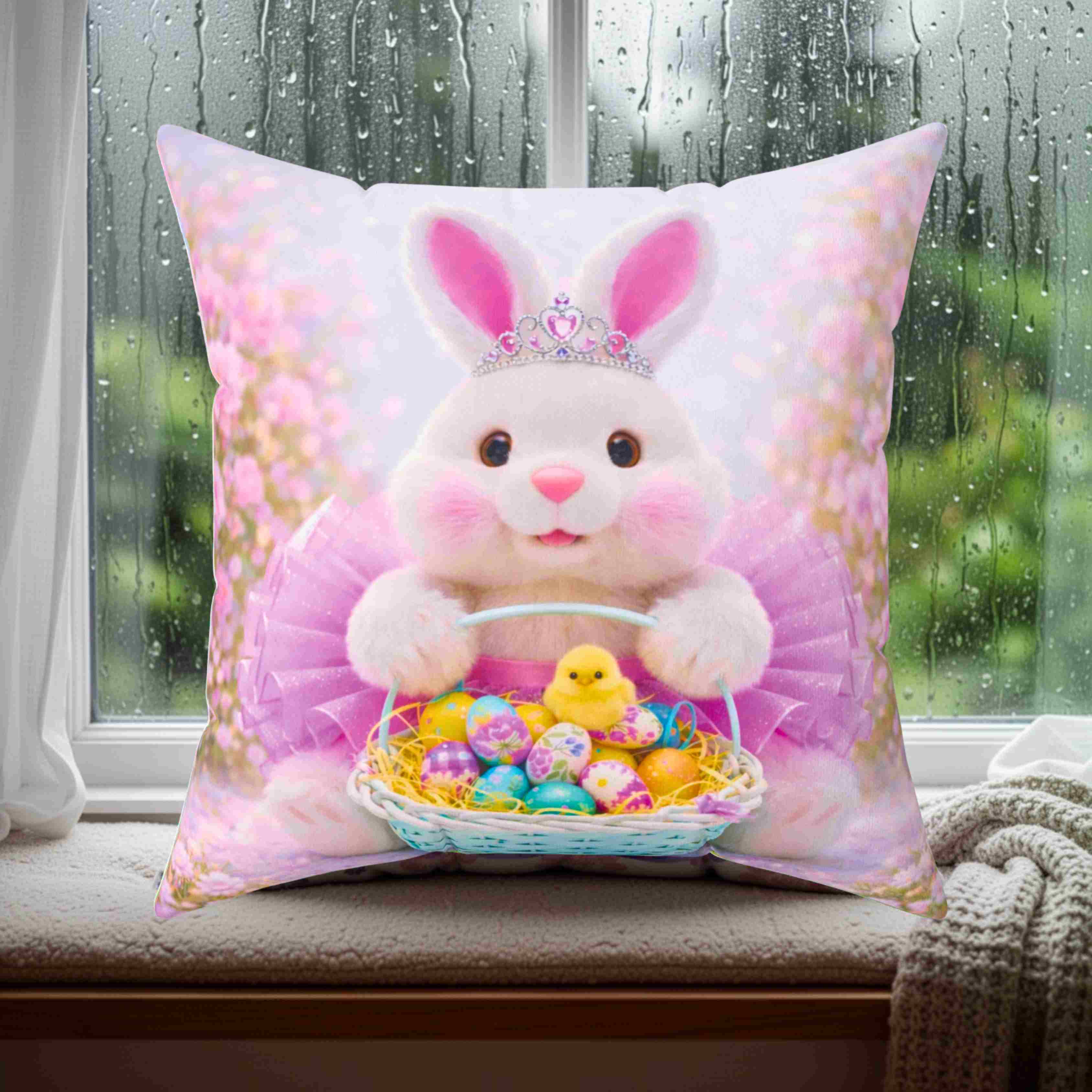 Girls Easter Bunny Pink Tutu Tiara Throw Pillow | Cute Bunny with Basket of Eggs Decorative Couch Cushion
