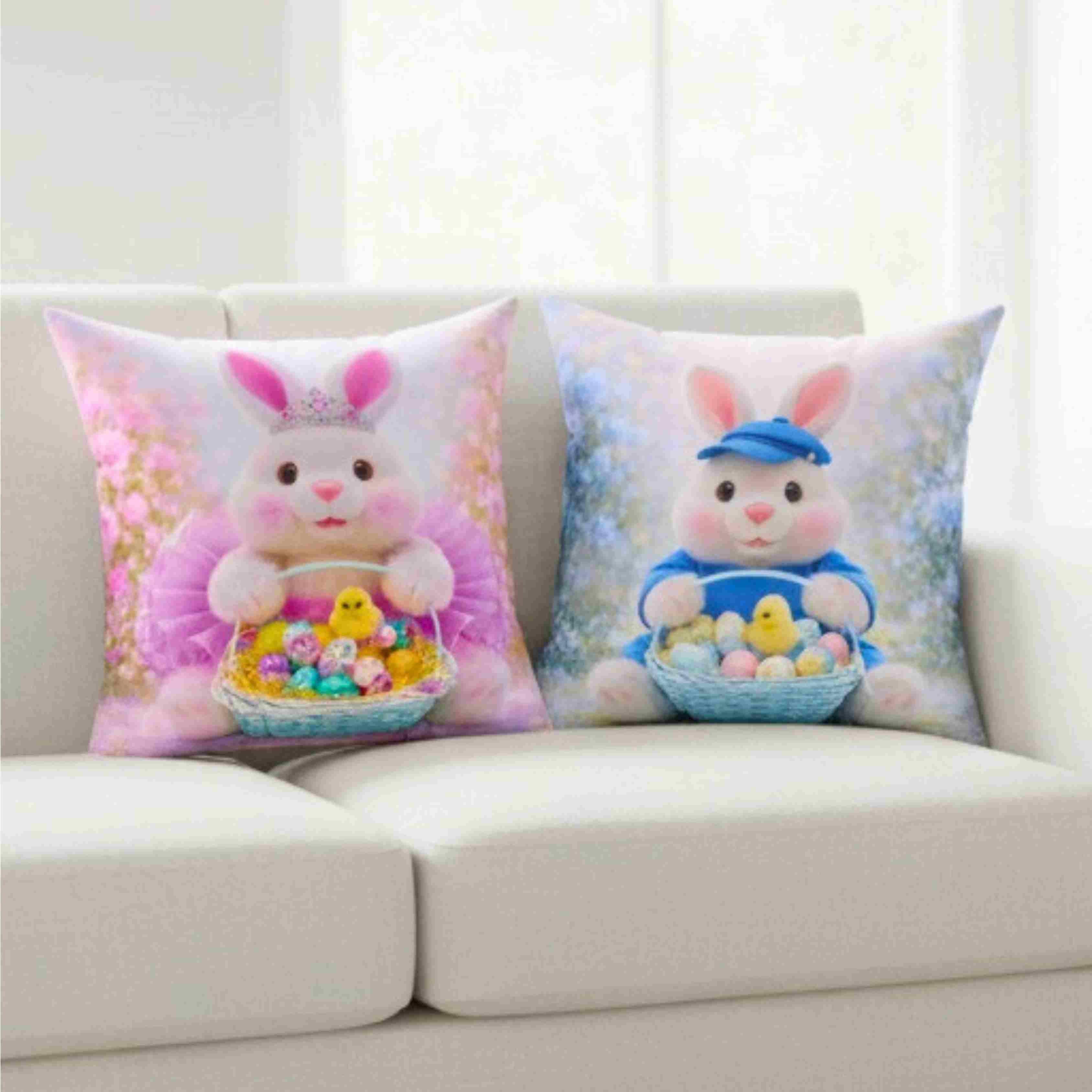 Girls Easter Bunny Pink Tutu Tiara Throw Pillow | Cute Bunny with Basket of Eggs Decorative Couch Cushion product thumbnail image