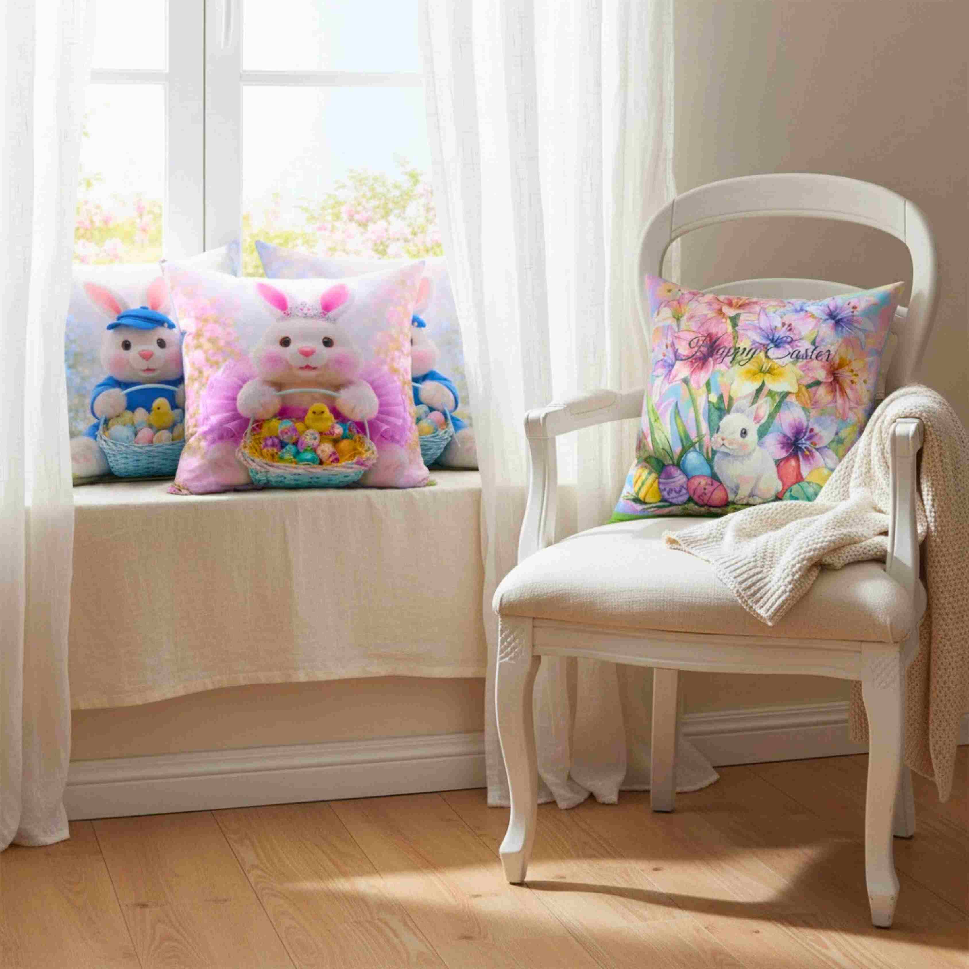 Girls Easter Bunny Pink Tutu Tiara Throw Pillow | Cute Bunny with Basket of Eggs Decorative Couch Cushion product thumbnail image