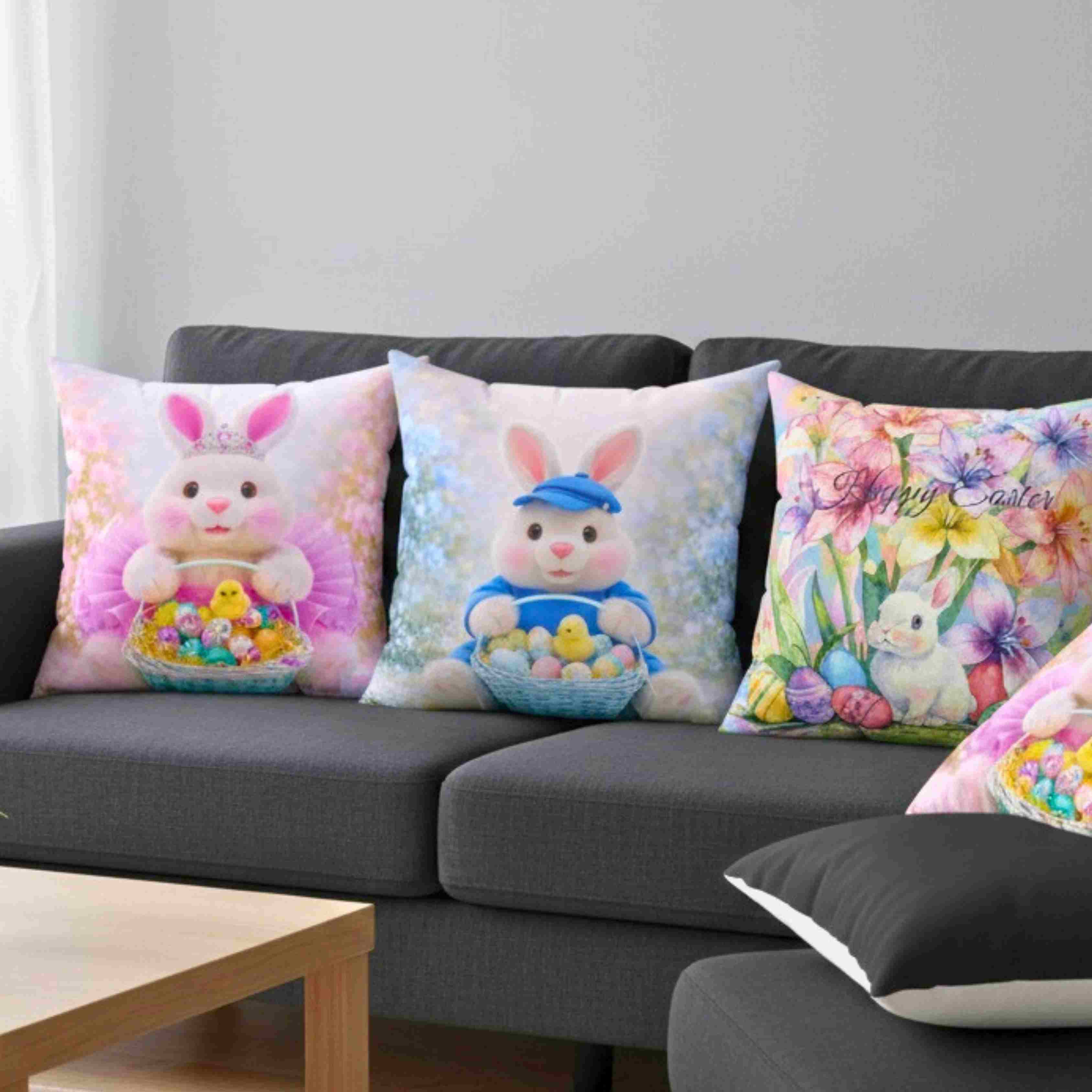 Girls Easter Bunny Pink Tutu Tiara Throw Pillow | Cute Bunny with Basket of Eggs Decorative Couch Cushion product thumbnail image