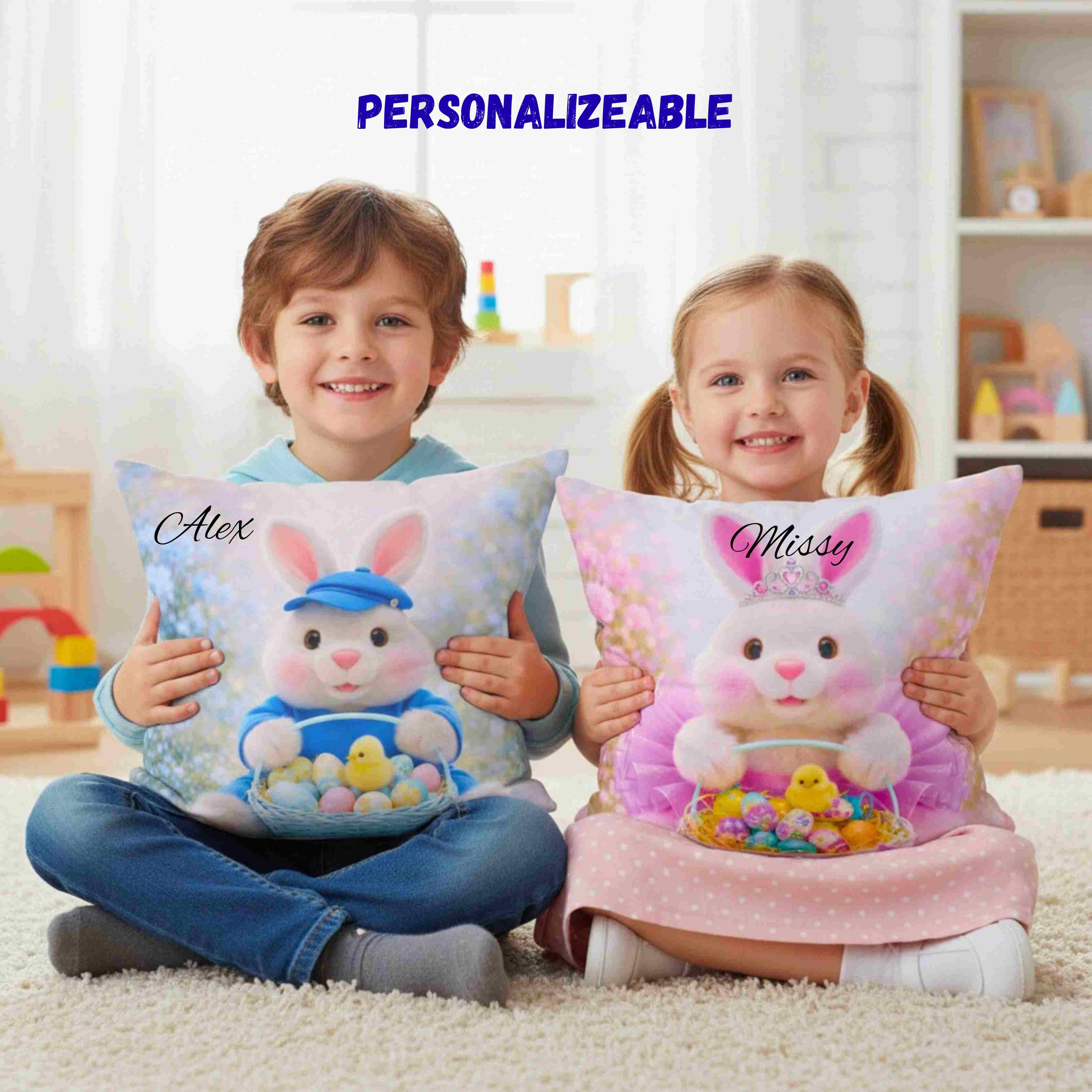 Girls Easter Bunny Pink Tutu Tiara Throw Pillow | Cute Bunny with Basket of Eggs Decorative Couch Cushion product thumbnail image