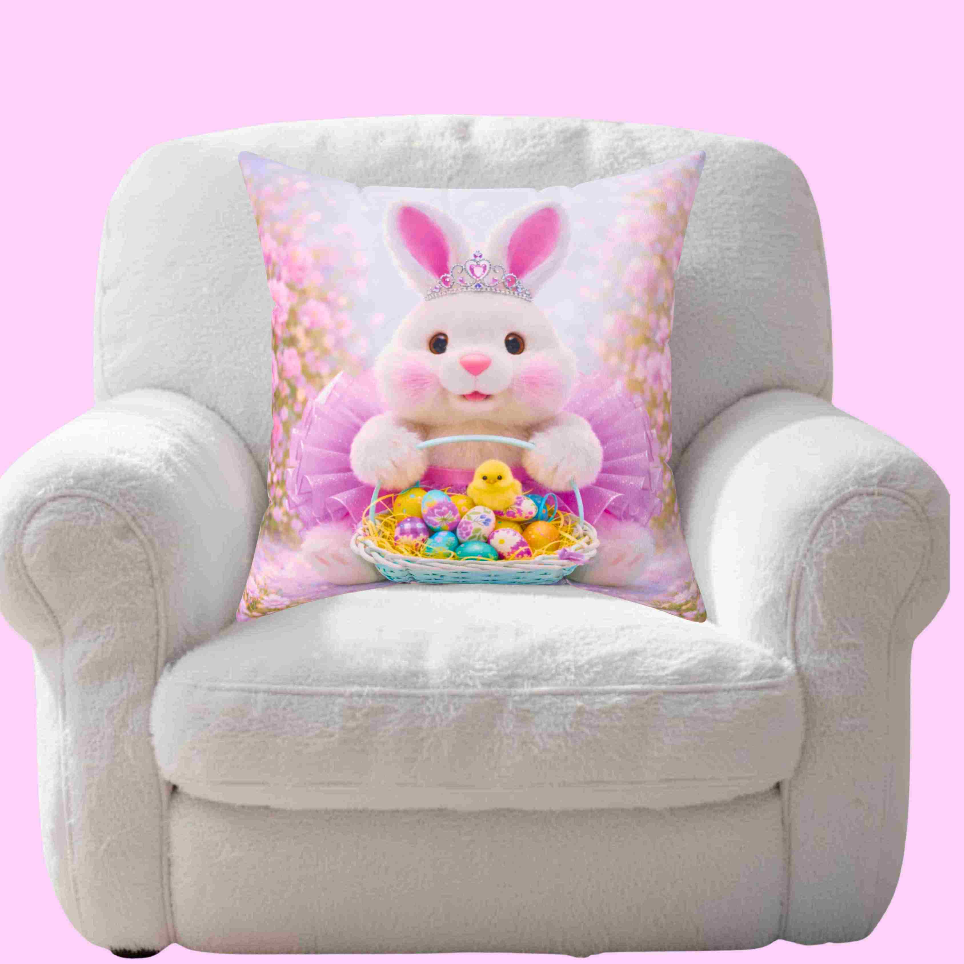Girls Easter Bunny Pink Tutu Tiara Throw Pillow | Cute Bunny with Basket of Eggs Decorative Couch Cushion product thumbnail image Girls Easter Bunny Pink Tutu Tiara Throw Pillow | Cute Bunny with Basket of Eggs Decorative Couch Cushion product thumbnail image