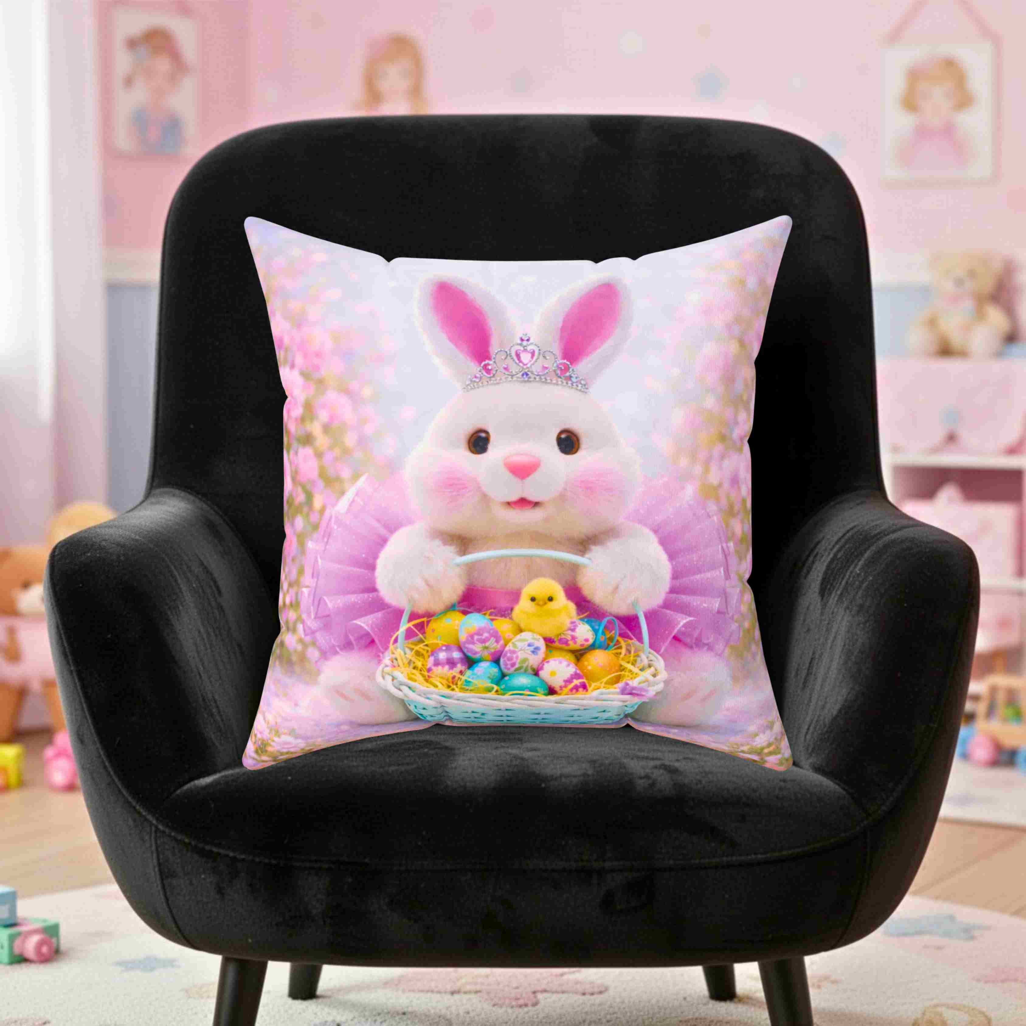 Girls Easter Bunny Pink Tutu Tiara Throw Pillow | Cute Bunny with Basket of Eggs Decorative Couch Cushion product thumbnail image