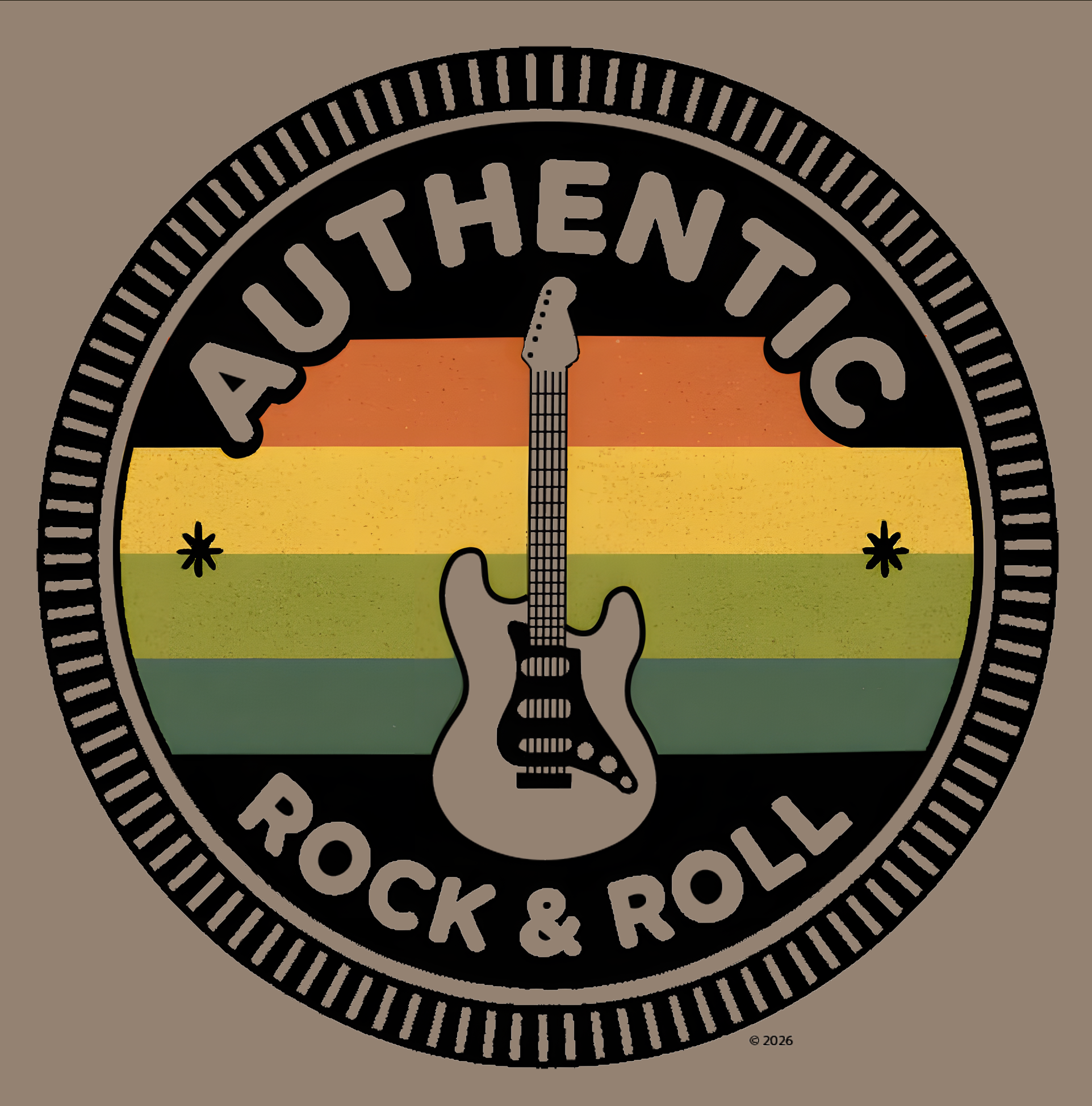 "Authentic Rock & Roll" Badge Tee — Vintage Guitar Graphic T-Shirt product thumbnail image "Authentic Rock & Roll" Badge Tee — Vintage Guitar Graphic T-Shirt product thumbnail image