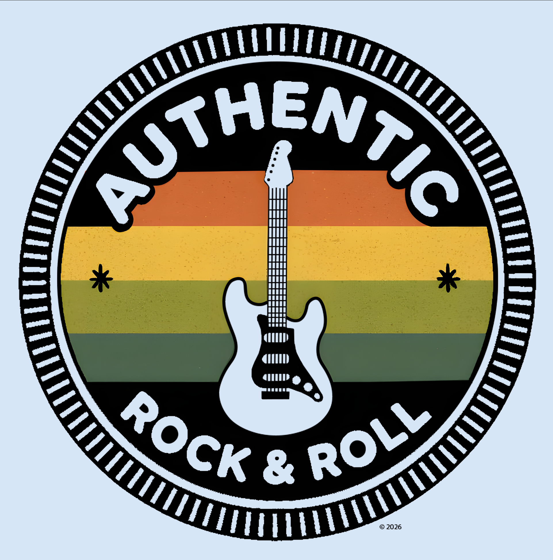 "Authentic Rock & Roll" Badge Tee — Vintage Guitar Graphic T-Shirt product thumbnail image "Authentic Rock & Roll" Badge Tee — Vintage Guitar Graphic T-Shirt product thumbnail image