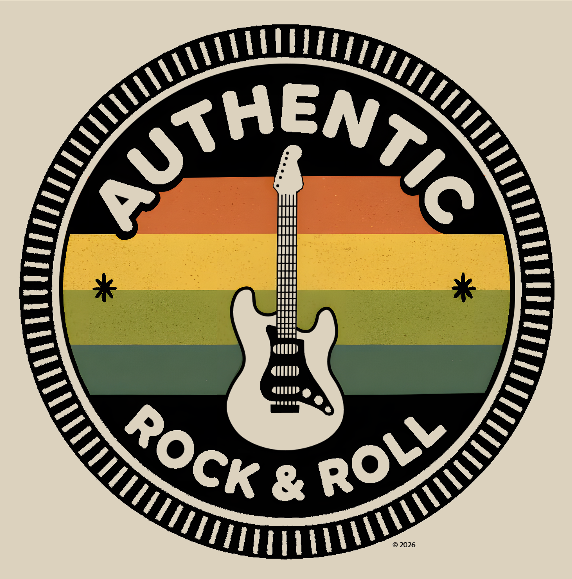 "Authentic Rock & Roll" Badge Tee — Vintage Guitar Graphic T-Shirt product thumbnail image "Authentic Rock & Roll" Badge Tee — Vintage Guitar Graphic T-Shirt product thumbnail image