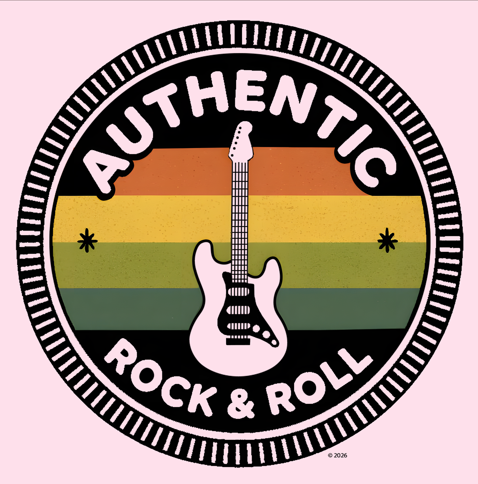 "Authentic Rock & Roll" Badge Tee — Vintage Guitar Graphic T-Shirt product thumbnail image "Authentic Rock & Roll" Badge Tee — Vintage Guitar Graphic T-Shirt product thumbnail image