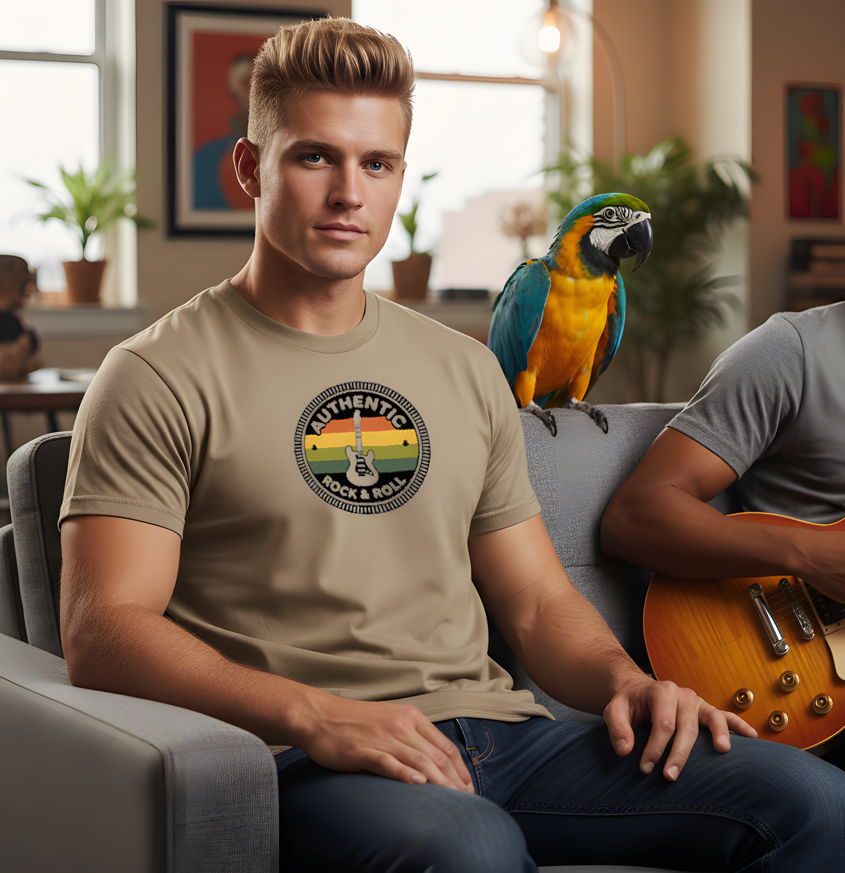 "Authentic Rock &amp; Roll" Badge Tee — Vintage Guitar Graphic T-Shirt