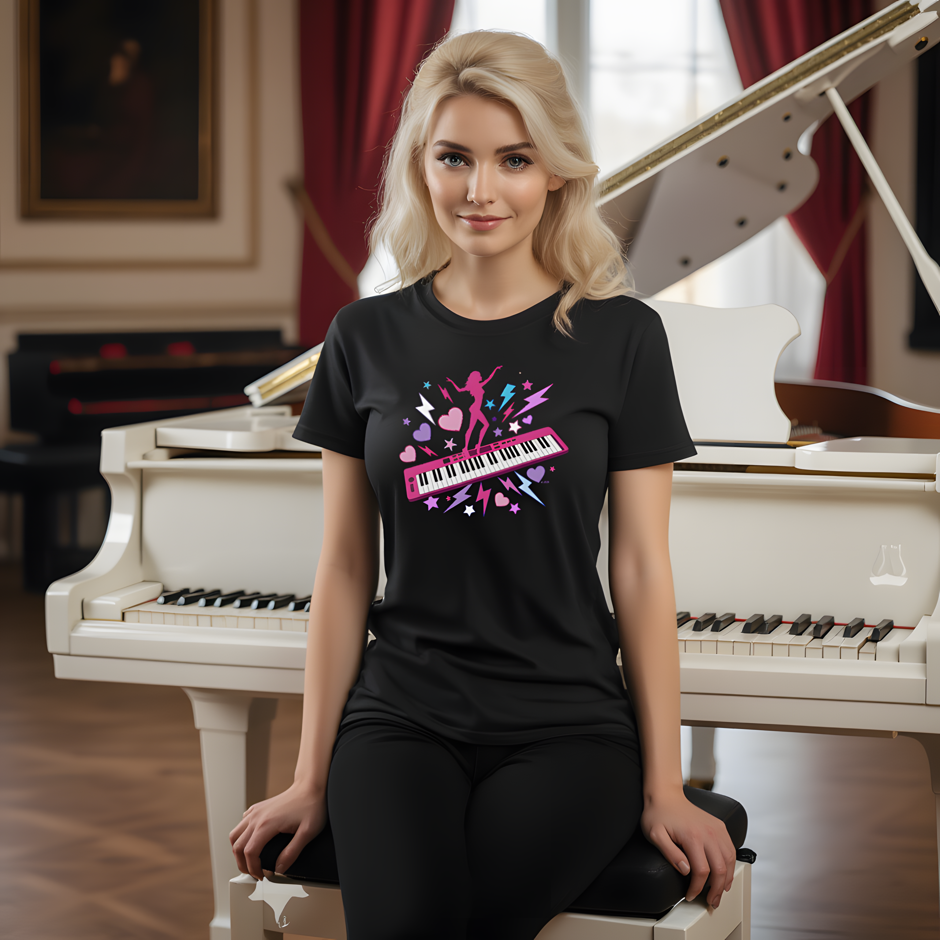 "Pink Piano Pop Girl" Graphic Tee — Pink Keyboard &amp; Dancer Music T-Shirt product thumbnail image