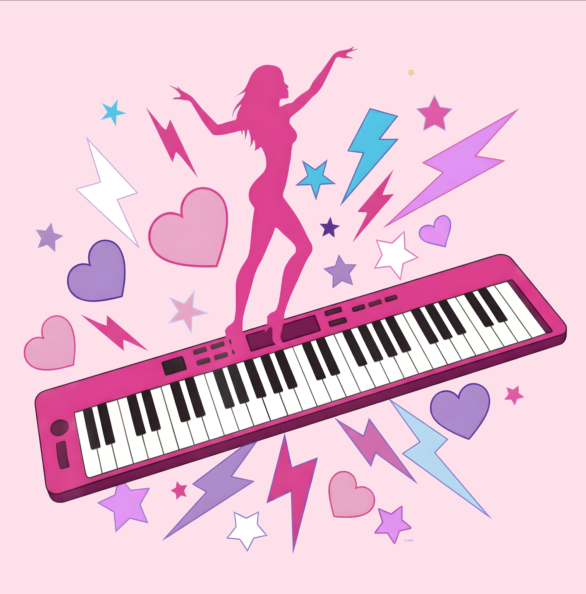 "Pink Piano Pop Girl" Graphic Tee — Pink Keyboard & Dancer Music T-Shirt product thumbnail image "Pink Piano Pop Girl" Graphic Tee — Pink Keyboard & Dancer Music T-Shirt product thumbnail image