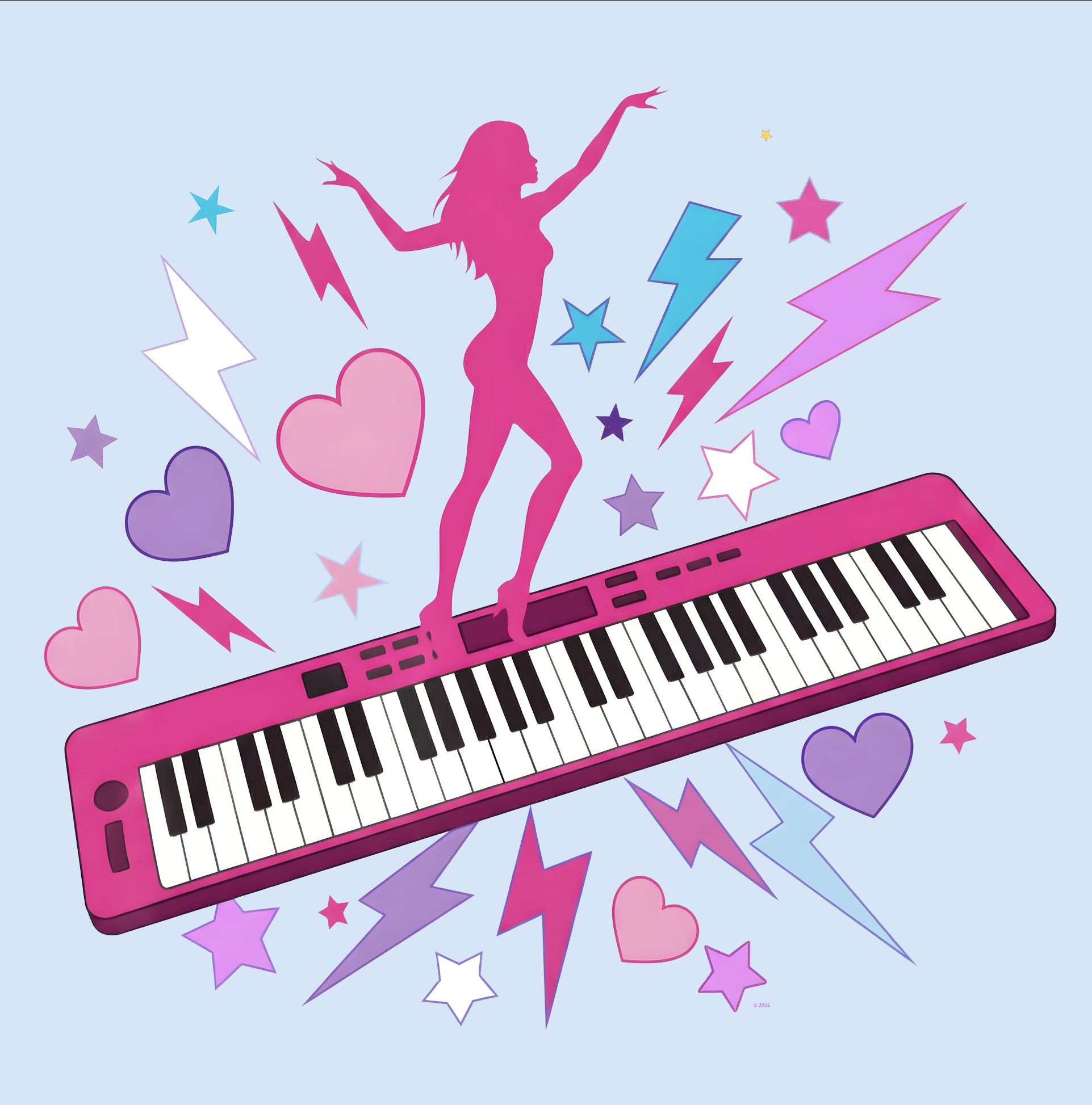 "Pink Piano Pop Girl" Graphic Tee — Pink Keyboard &amp; Dancer Music T-Shirt product thumbnail image