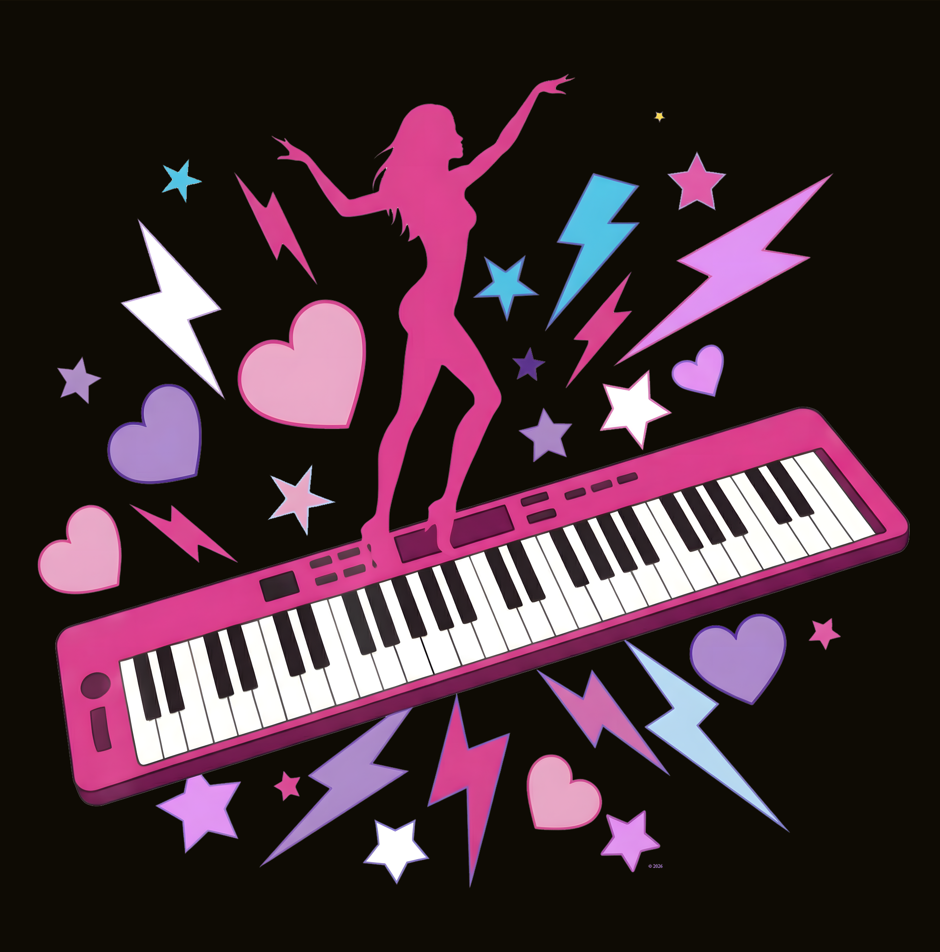 "Pink Piano Pop Girl" Graphic Tee — Pink Keyboard & Dancer Music T-Shirt product thumbnail image "Pink Piano Pop Girl" Graphic Tee — Pink Keyboard & Dancer Music T-Shirt product thumbnail image