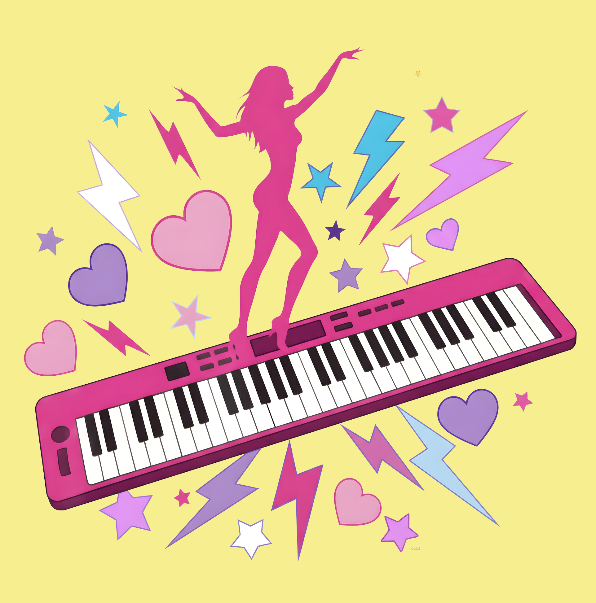 "Pink Piano Pop Girl" Graphic Tee — Pink Keyboard &amp; Dancer Music T-Shirt product thumbnail image