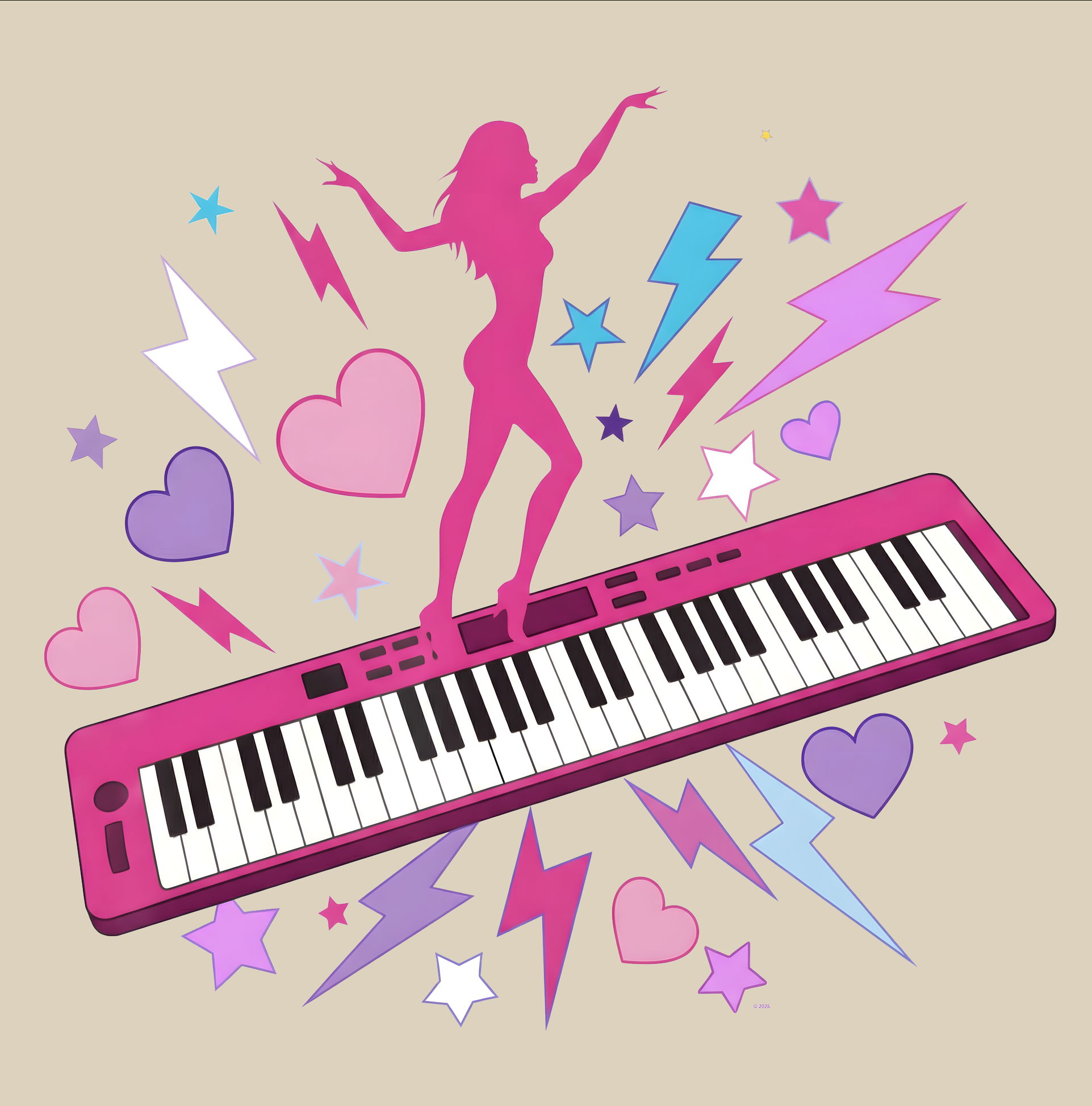 "Pink Piano Pop Girl" Graphic Tee — Pink Keyboard & Dancer Music T-Shirt product thumbnail image "Pink Piano Pop Girl" Graphic Tee — Pink Keyboard & Dancer Music T-Shirt product thumbnail image