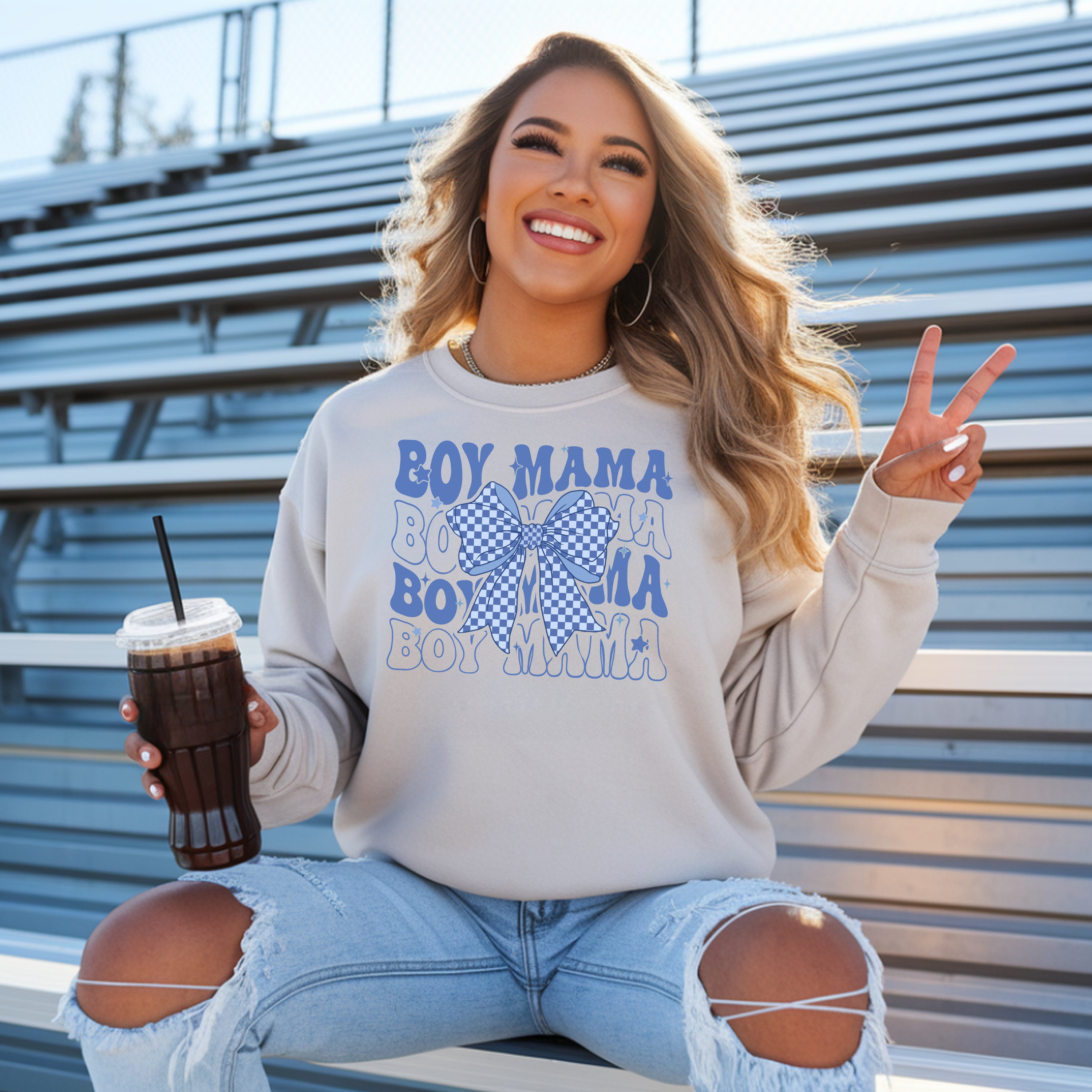 Boy Mama Crewneck Sweatshirt — Blue Bow Mom Shirt for New & Proud Moms product thumbnail image Boy Mama Crewneck Sweatshirt — Blue Bow Mom Shirt for New & Proud Moms product thumbnail image