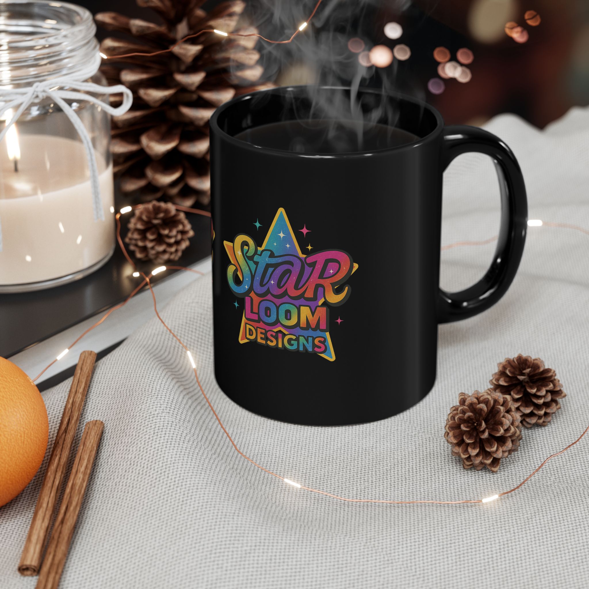 Star Bloom Logo Black Coffee Mug — Colorful Retro Neon Design (11oz &amp; 15oz)