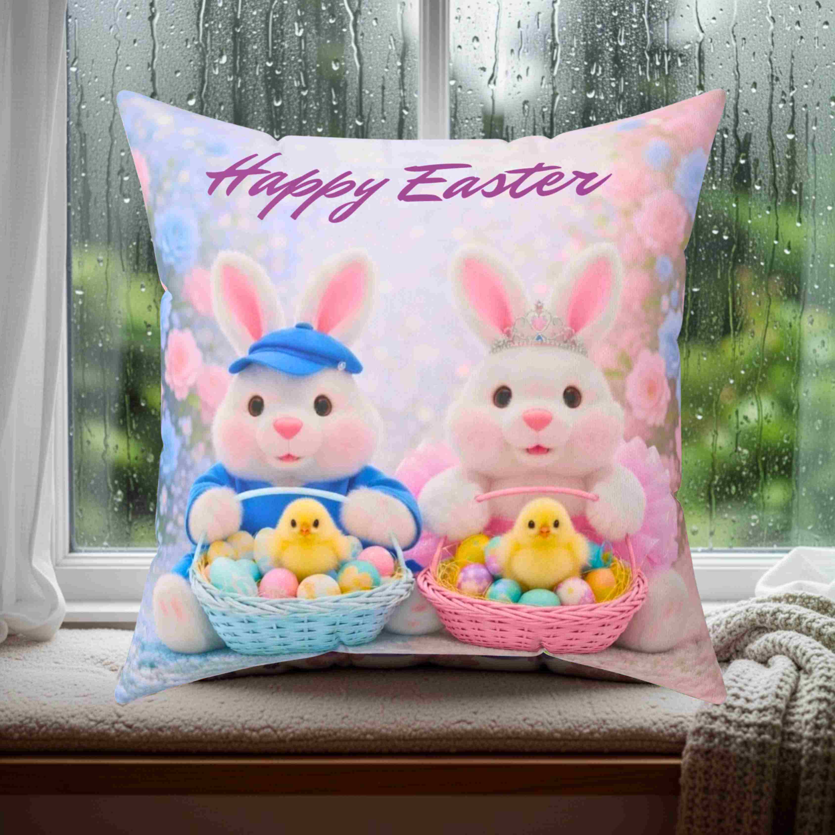 Easter Bunny X 2 Pillow - 'Happy Easter' Plush Holiday Throw Cushion product thumbnail image Easter Bunny X 2 Pillow - 'Happy Easter' Plush Holiday Throw Cushion product thumbnail image