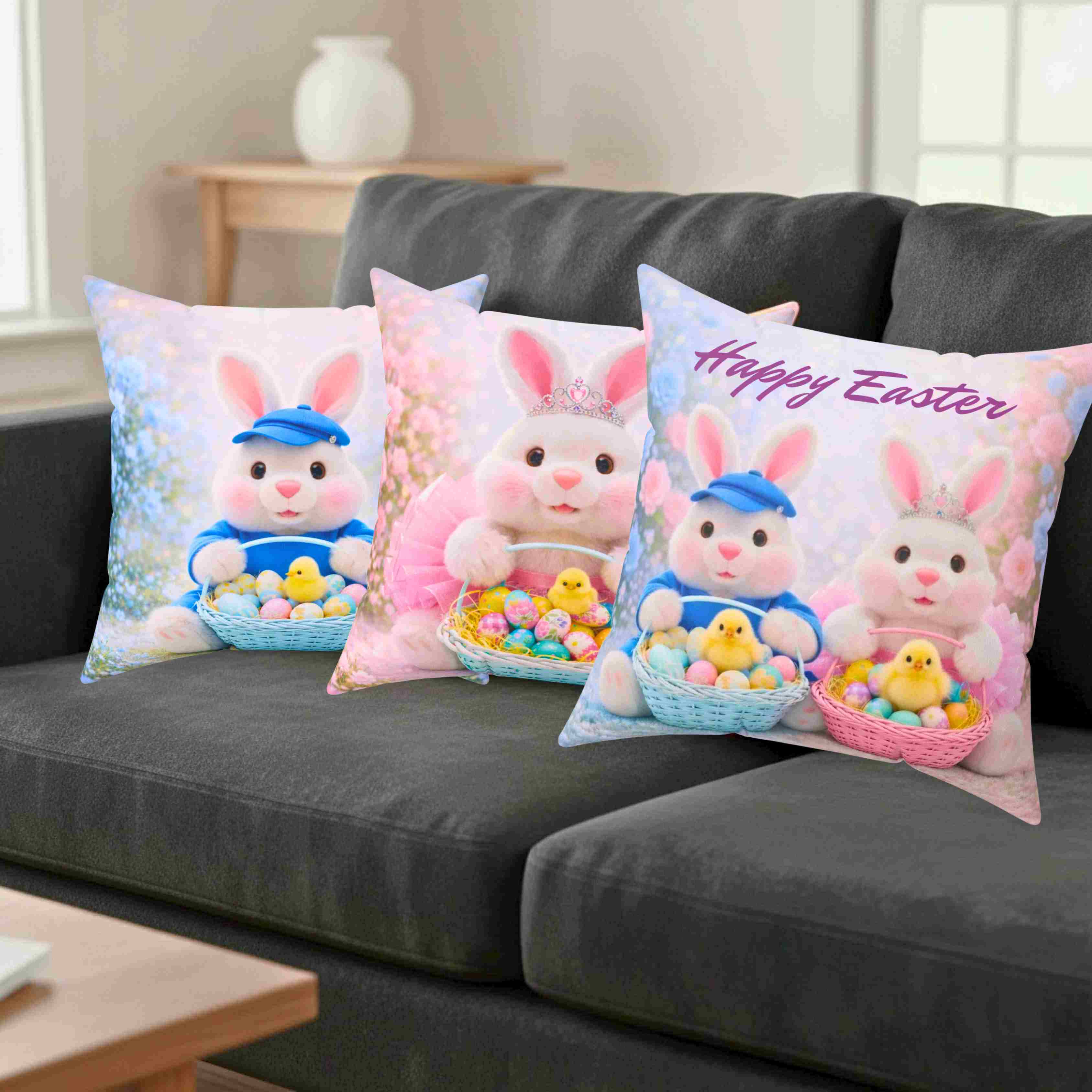 Easter Bunny X 2 Pillow - 'Happy Easter' Plush Holiday Throw Cushion product thumbnail image