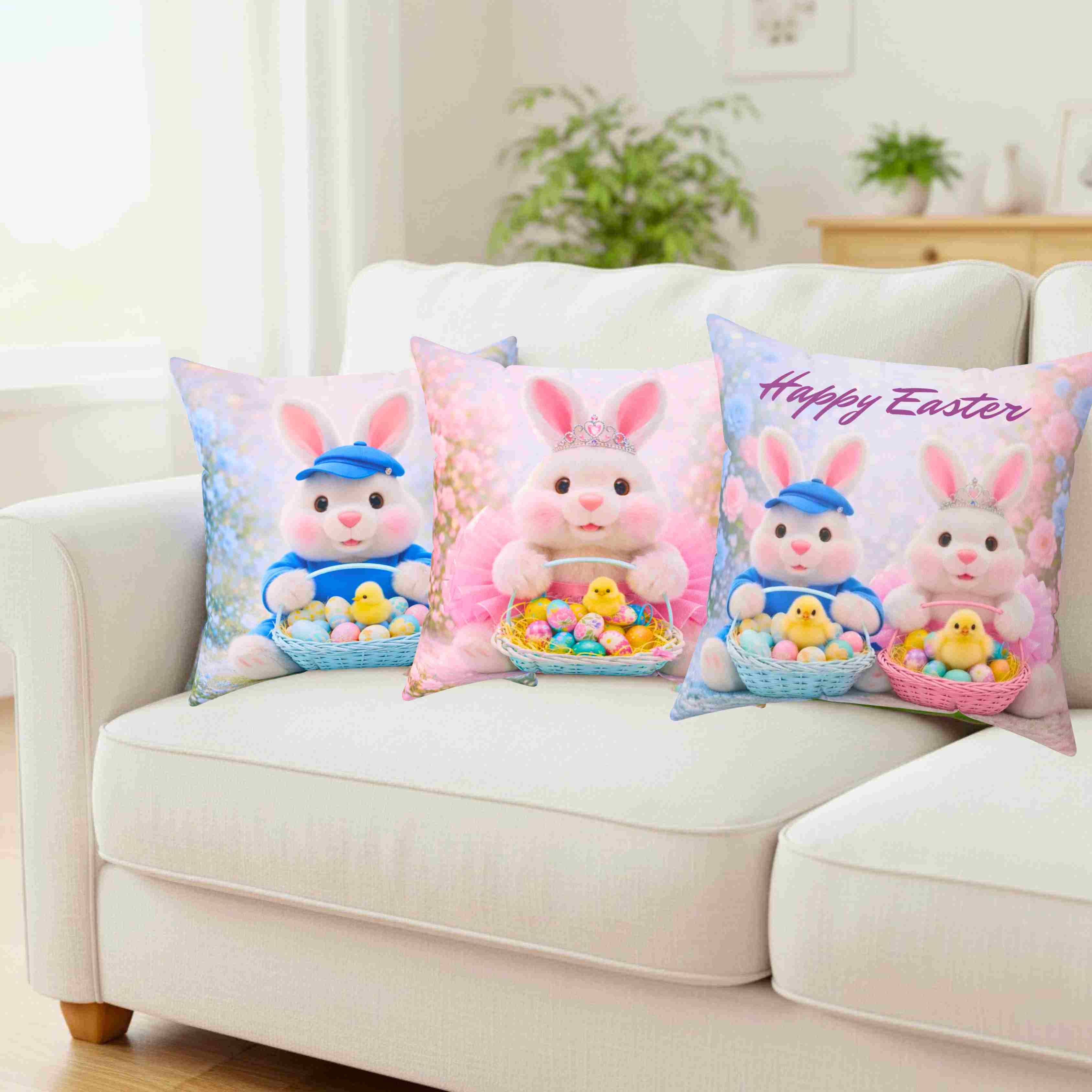 Easter Bunny X 2 Pillow - 'Happy Easter' Plush Holiday Throw Cushion product thumbnail image Easter Bunny X 2 Pillow - 'Happy Easter' Plush Holiday Throw Cushion product thumbnail image